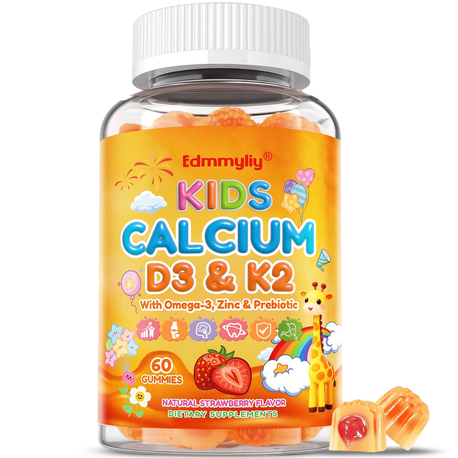 Edmmyliy Kids Calcium Gummies with Vitamin D3 K2 - Calcium Citrate with Magnesium, Zinc, Omega-3 and Probiotics for Kids Bone Health, Digestive & Development Support - Sugar Free, Non-GMO, Vegan, 60 Gummies
