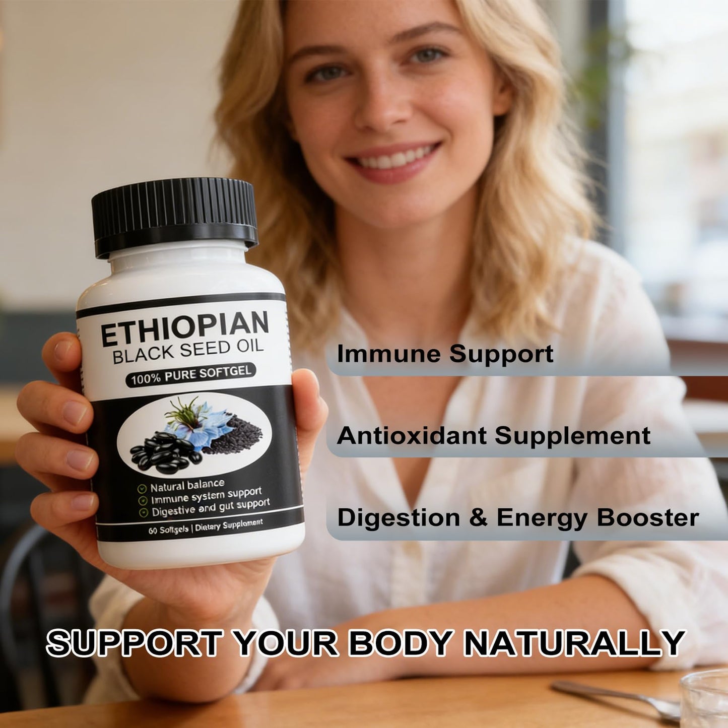 GraviGlow Ethiopian Black Seed Oil Softgels with 4.64% Thymoquinone, Organic Cold-Pressed Black Cumin Seed Oil, 1 Count