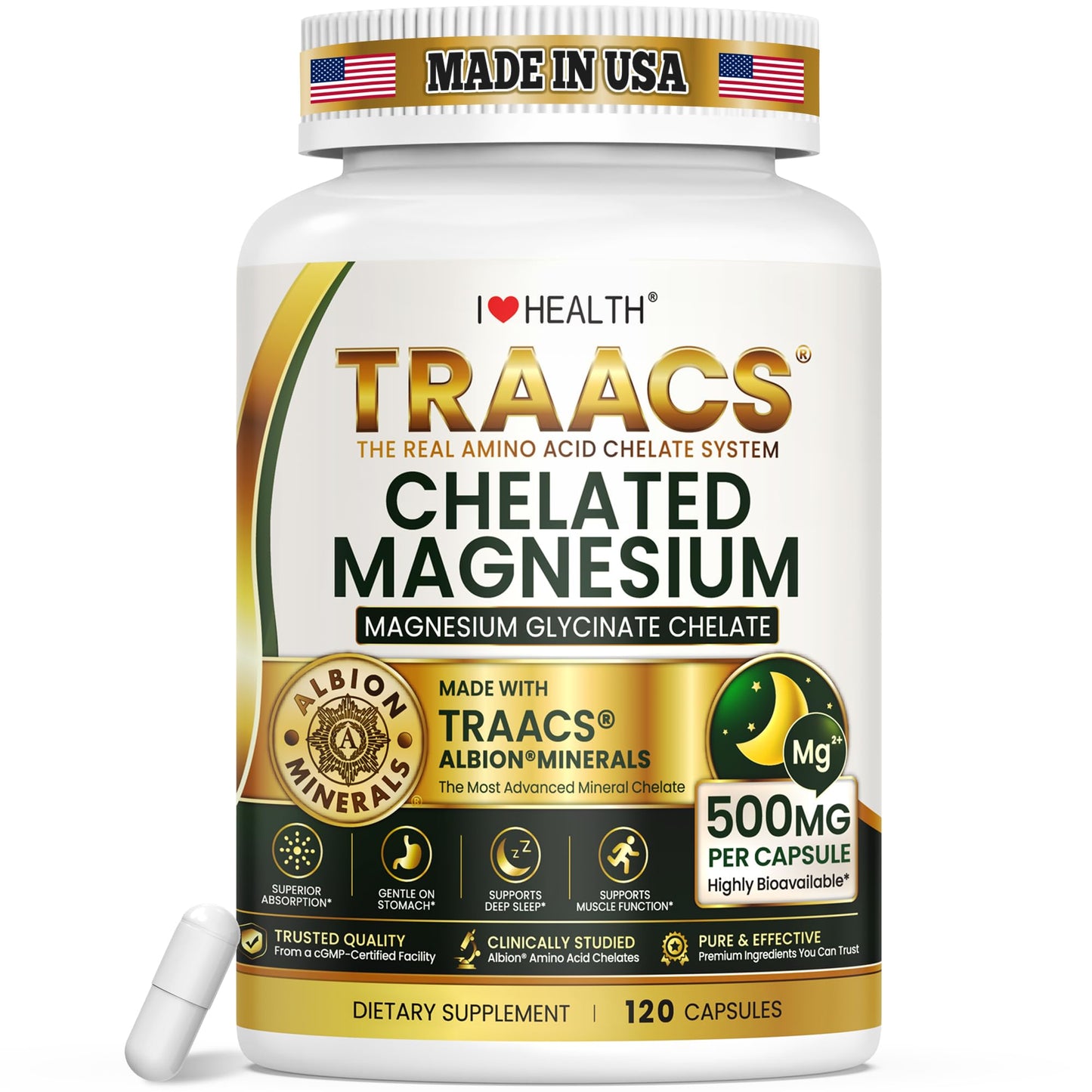 I LOVE HEALTH Magnesium Glycinate 500mg Chelated Magnesium Supplement Capsules, 120 Count