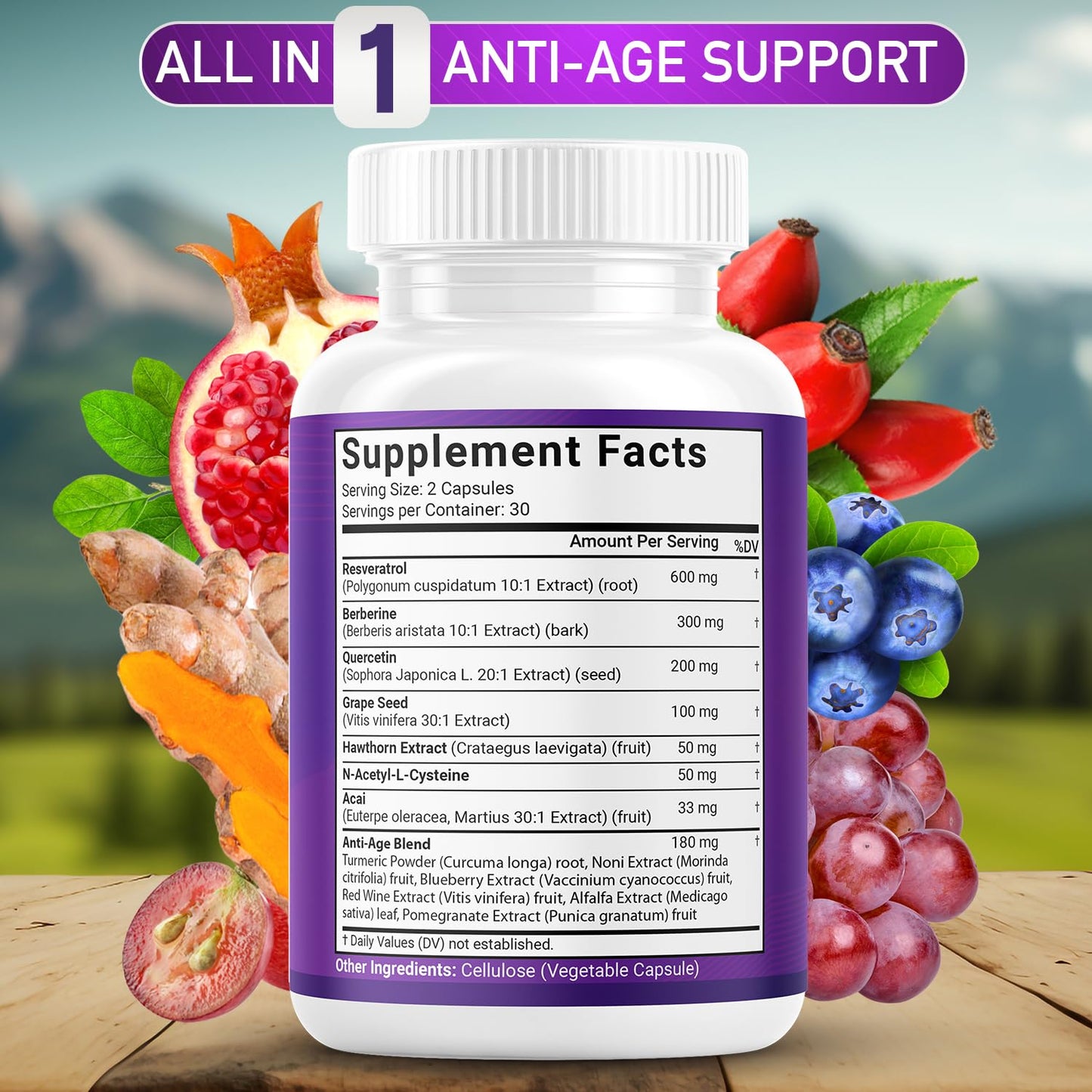 JB Wellness Co Resveratrol, Grape Seed Extract, Berberine, Quercetin - Polyphenol Supplement for Women and Men with Noni Extract, N-Acetyl Cysteine, Acai, 180 Capsules
