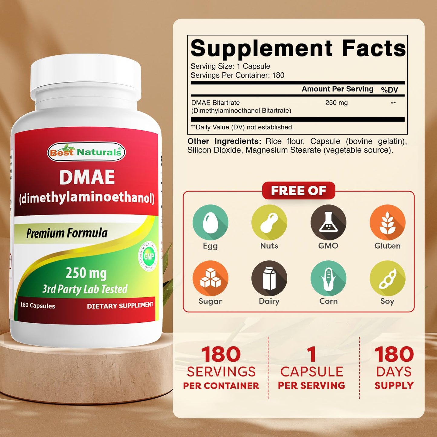 Best Naturals DMAE Supplement 250 mg Capsule 180 Count
