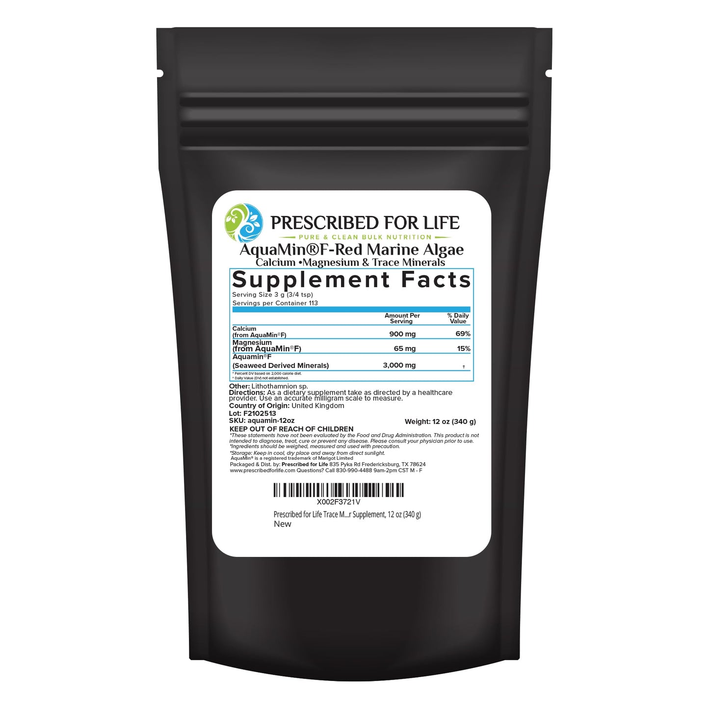 Prescribed For Life Aquamin Powder, Red Marine Algae Supplements, Rich in Plant Based Calcium & Magnesium, 72 Trace Minerals, Non GMO, 11.99 Ounce