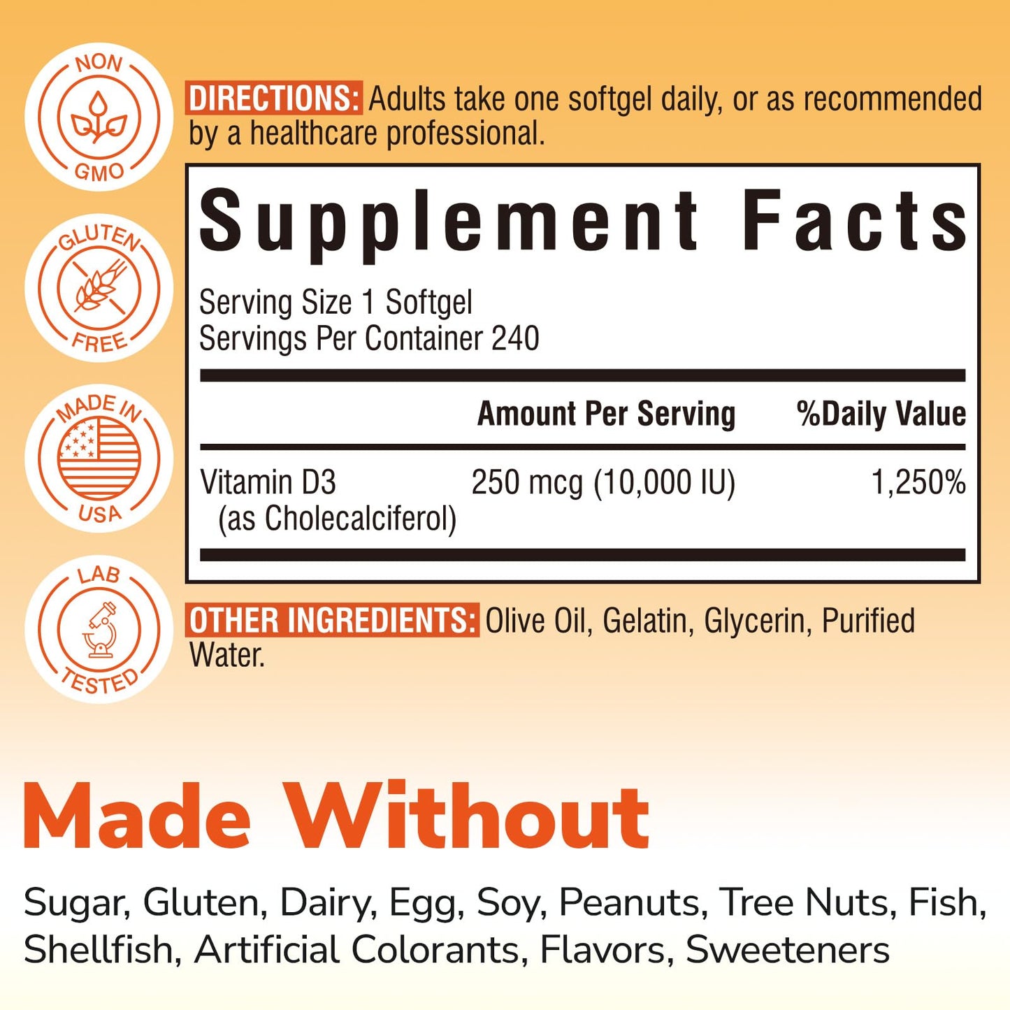 Vitalibre Maximum Strength Vitamin D3 10,000 IU (250mcg) Softgels - 240 Count