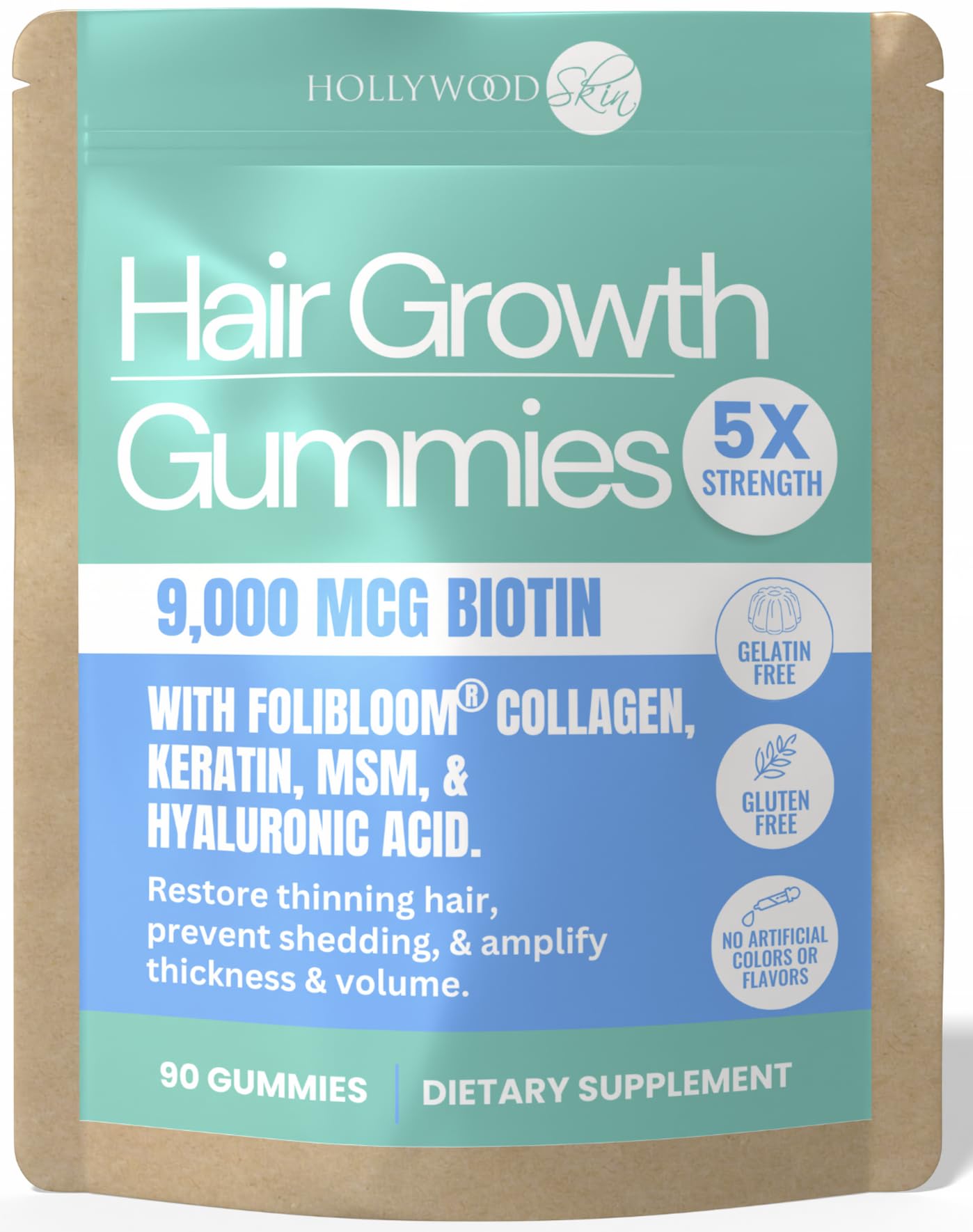 Hollywoodskin 5X Stronger Hair Growth Gummies – 9,000mcg Biotin, 250mg Keratin + 500mg MSM for Thicker, Longer, Healthier Hair – Clinically Proven Formula, 90 Gummies