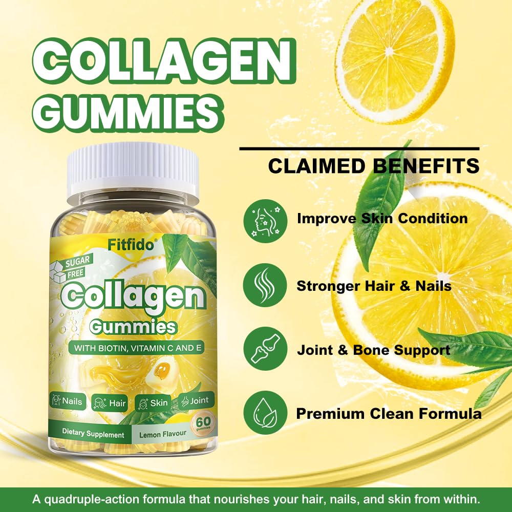 Fitfido Collagen Gummies 1500mg – Multi-Collagen Peptides Types I, II, III, V & X with Biotin 2500mcg and Vitamin C for Skin, Hair & Nails – Sugar Free, 60 Gummies
