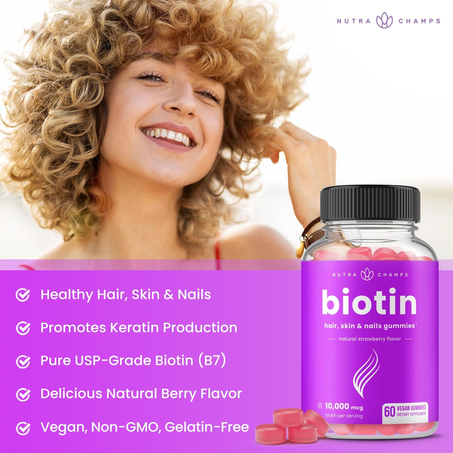NutraChamps Biotin Gummies 10000mcg High Potency, 60 Gummies