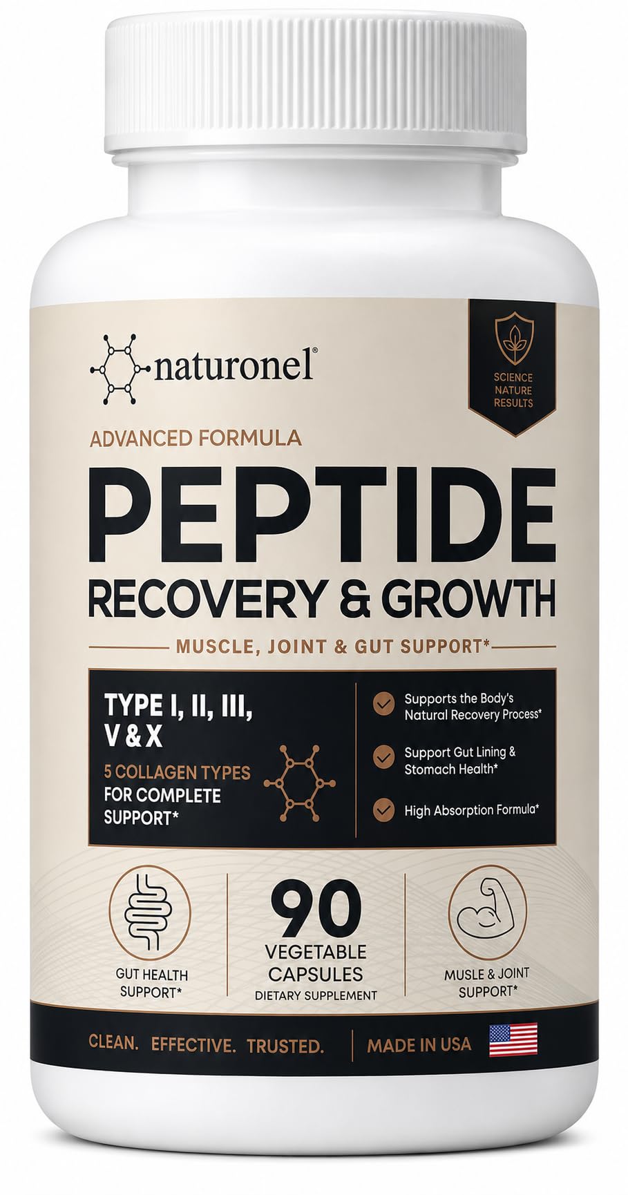 Naturonel Peptide Recovery & Growth - Advanced 157 Recovery Blend Collagen Peptides, Types I, II, III, V & X Capsule, 90 Count
