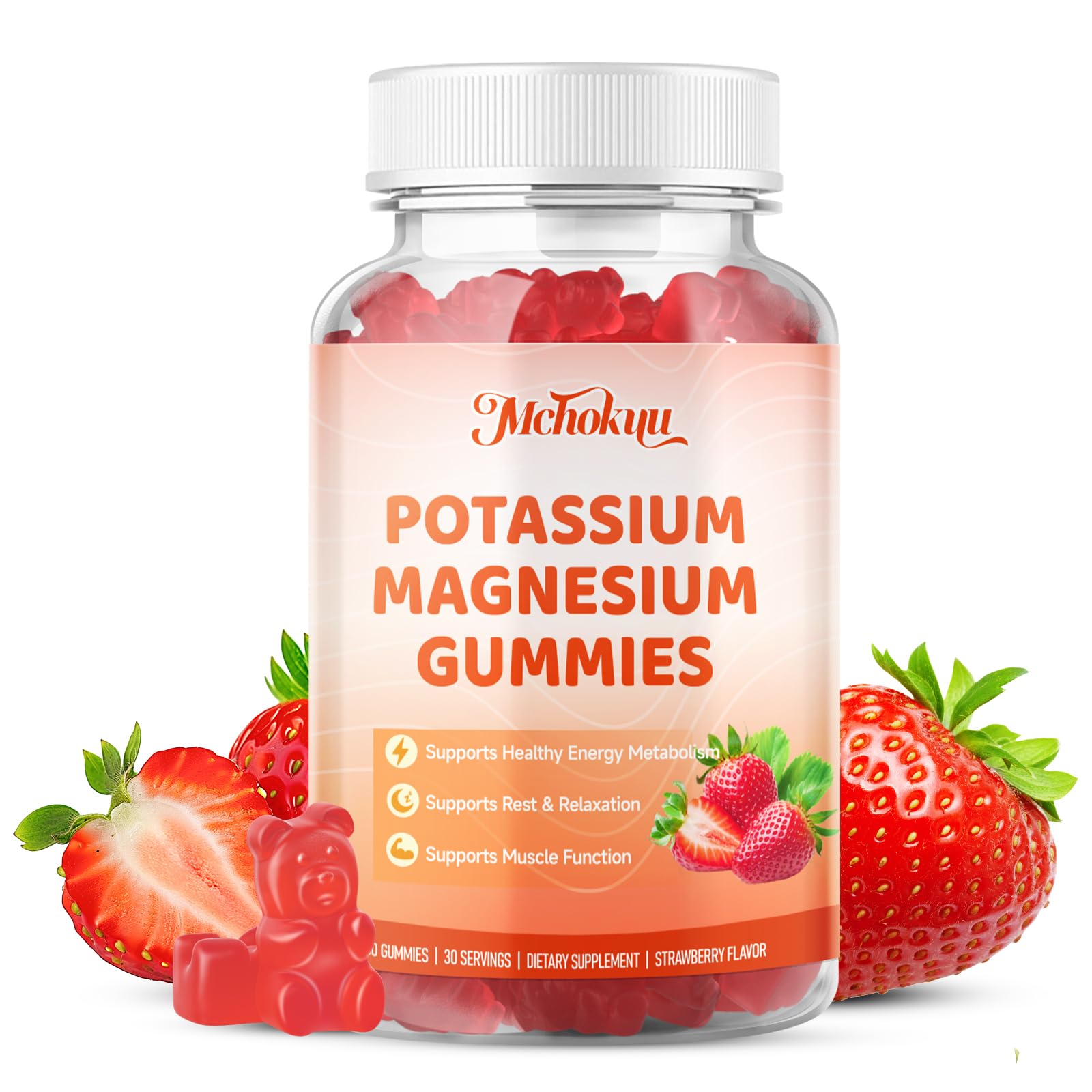 Mchokuu Potassium Magnesium Gummies – High Absorption Magnesium Glycinate – Magnesium Potassium Supplement Gummies with Vitamin B6, D3, B12 for Muscle Support, Sugar-Free Strawberry Flavor, 60 Count