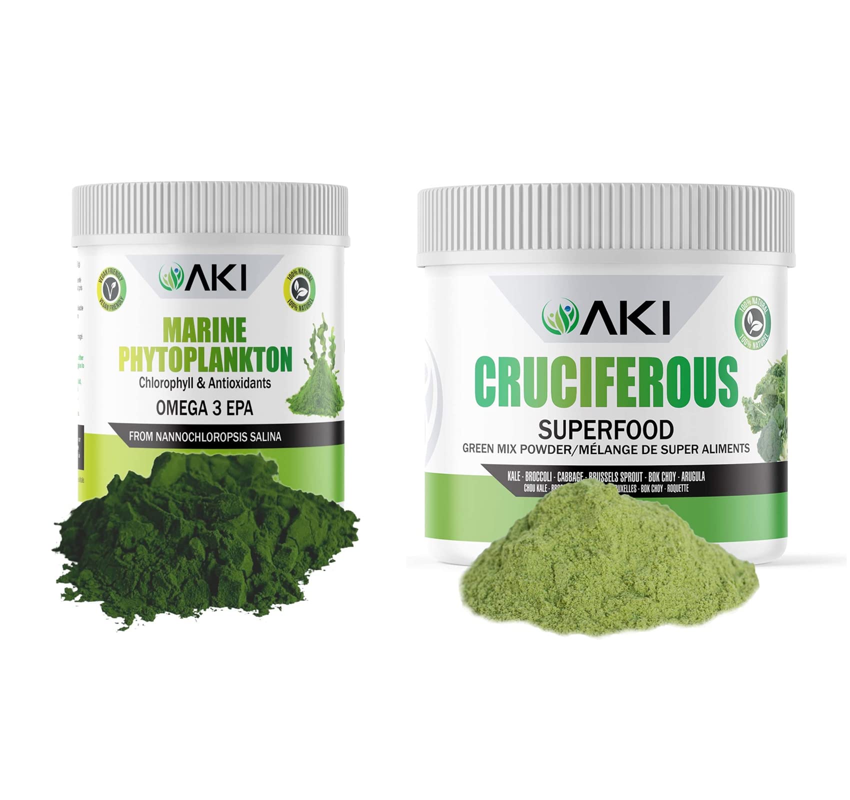 AKI ORGANIC Cruciferous Superfood Blend Powder and AKI Marine Phytoplankton Powder - 2 Pack
