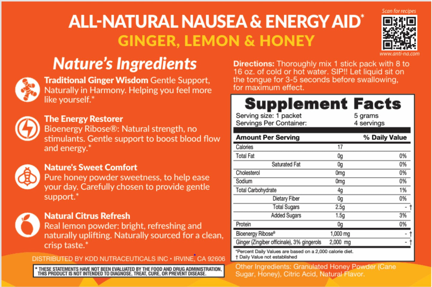 Anti-Na SIPS Life Uninterrupted Dual-Action Nausea Relief and Energy Support Premium Ginger Dissolving Mix, 4 Packets