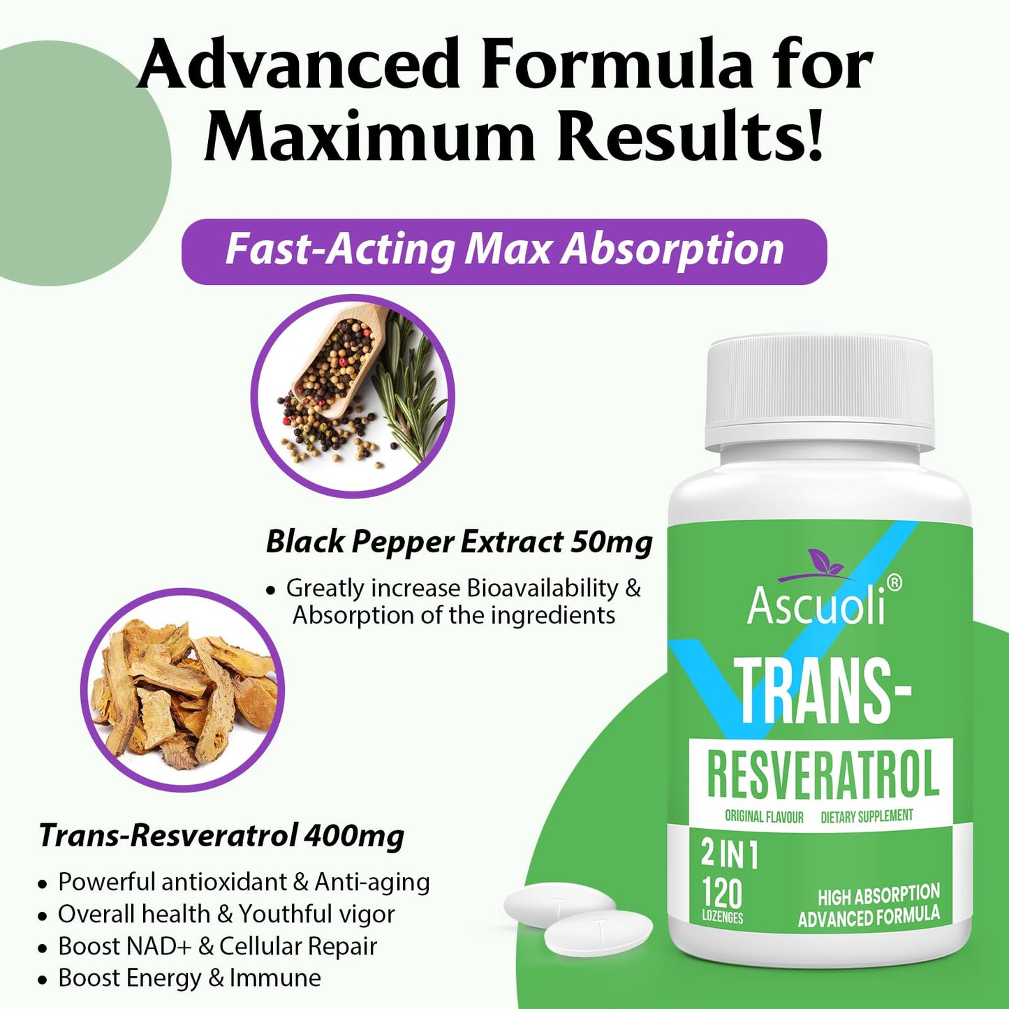 Ascuoli Sublingual Trans-Resveratrol Purity 99%, 3-in-1 Advanced Formula Resveratrol Supplement 120 Tablets