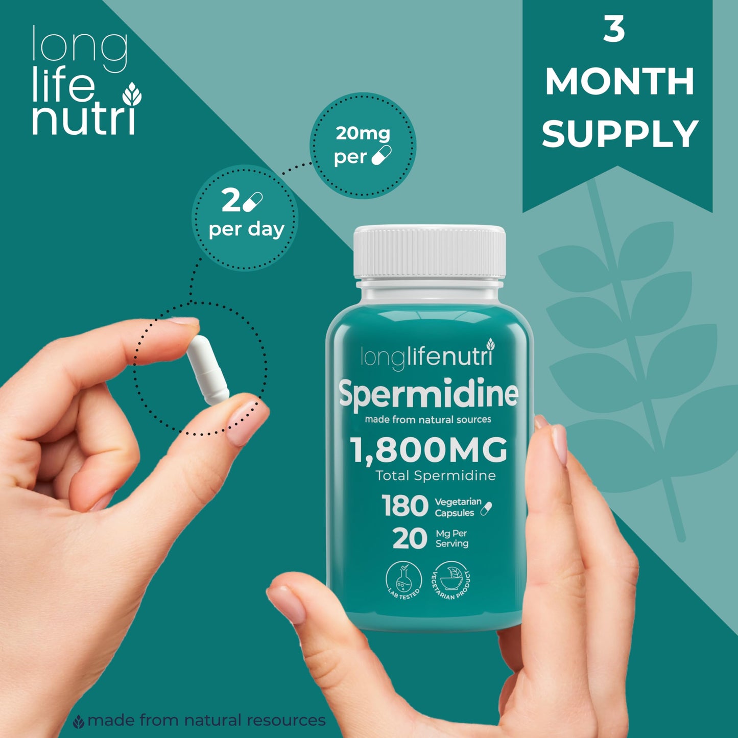 LongLifeNutri Spermidine 20mg Capsules, 180 Count