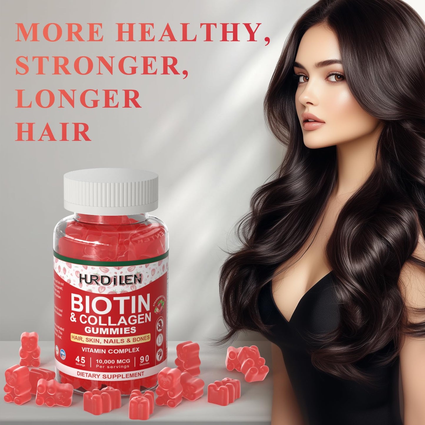 Hurdilen Hair Skin and Nails Gummies Biotin Collagen, 10000mcg, 90 Gummies