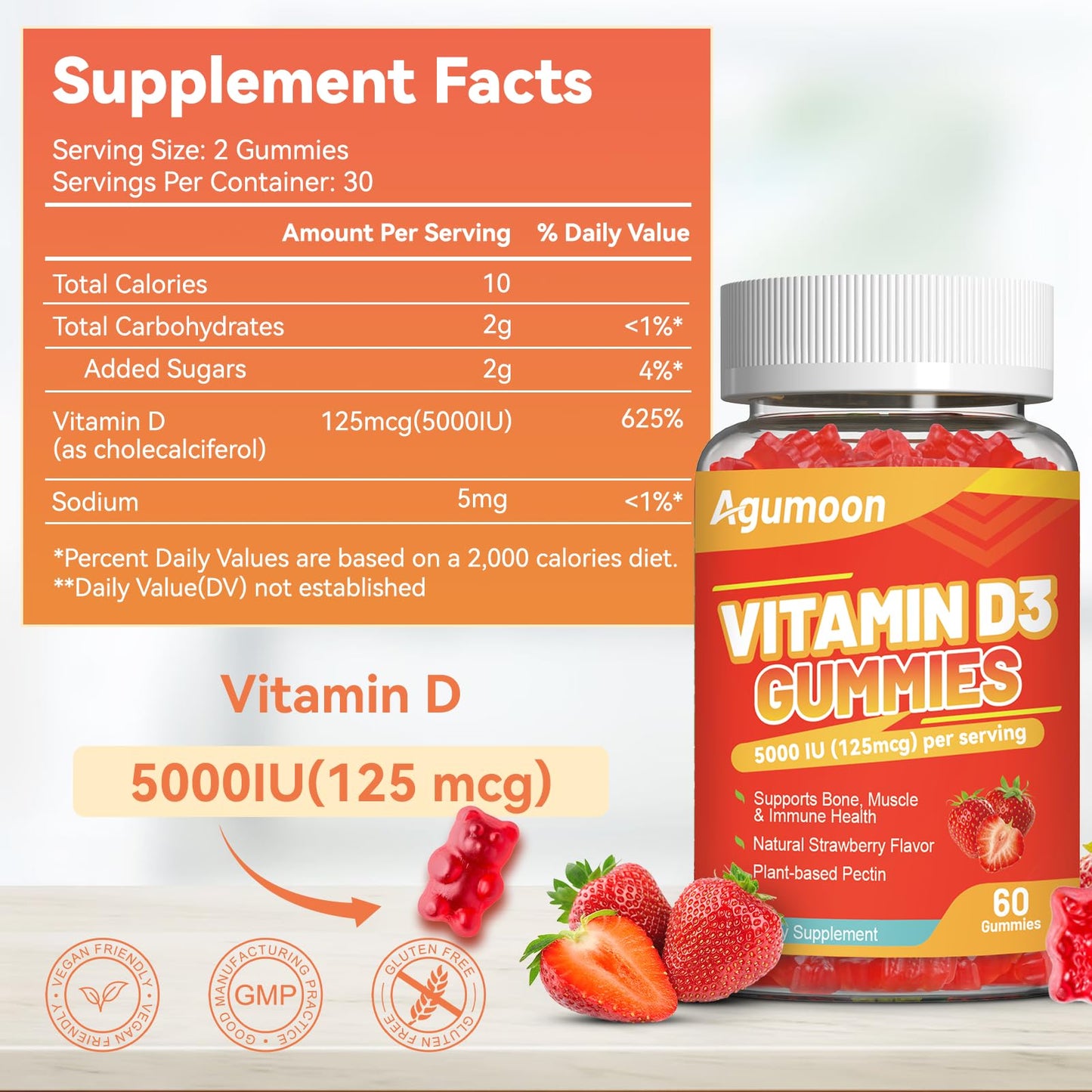 Agumoon Vitamin D3 5000 IU Gummies, 120 Count