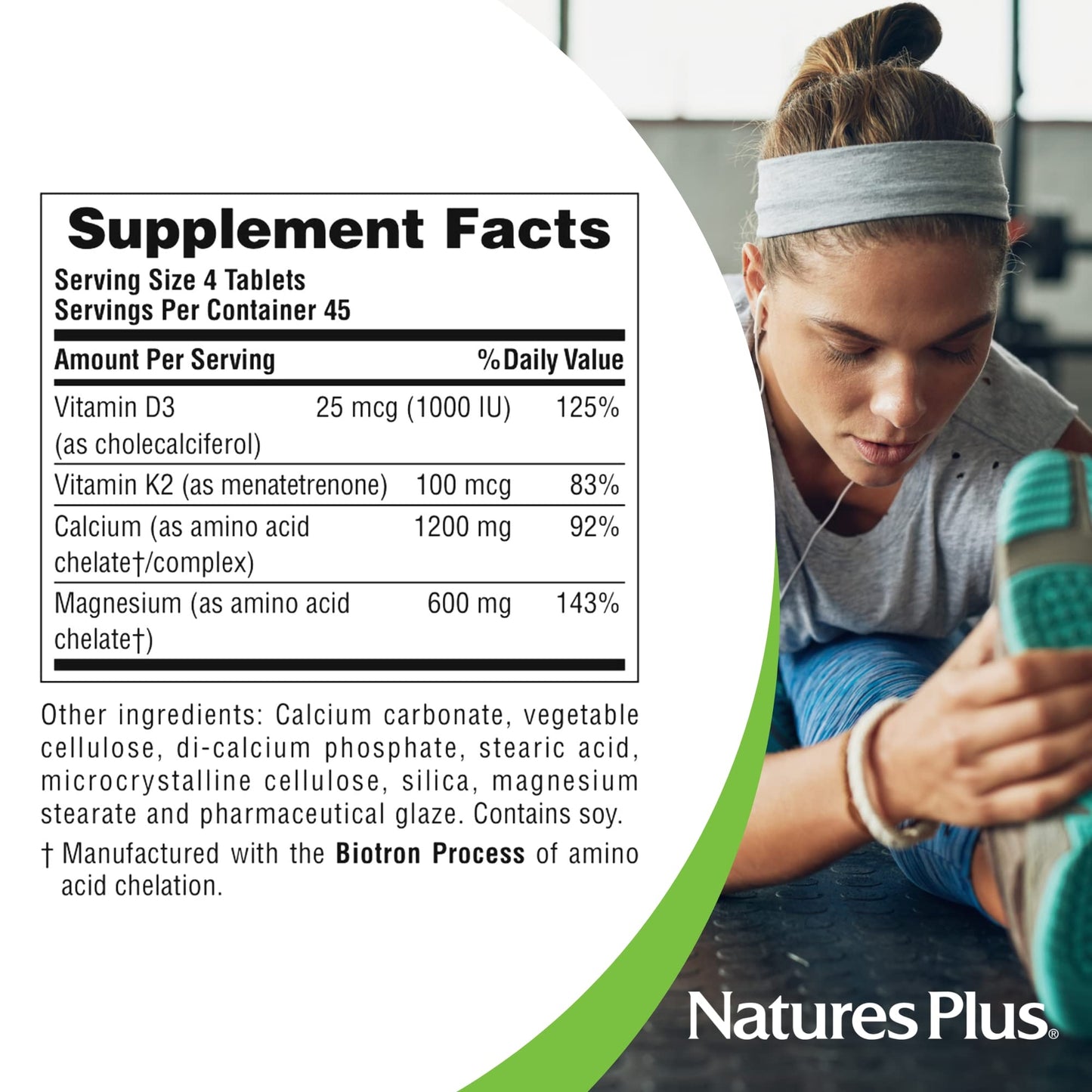 NaturesPlus Calcium/Magnesium/Vitamin D3 with Vitamin K2 Tablets, 180 Tablets