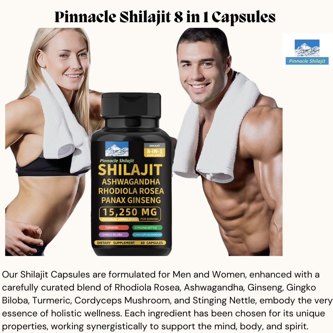 PINNACLE SHILAJIT 8-in-1 Capsules with Shilajit, Rhodiola Rosea, Ashwagandha, Ginseng, Ginkgo Biloba, Turmeric, Cordyceps Mushroom & Stinging Nettle Supports Energy, Mental Clarity & Immunity, 60 Capsules