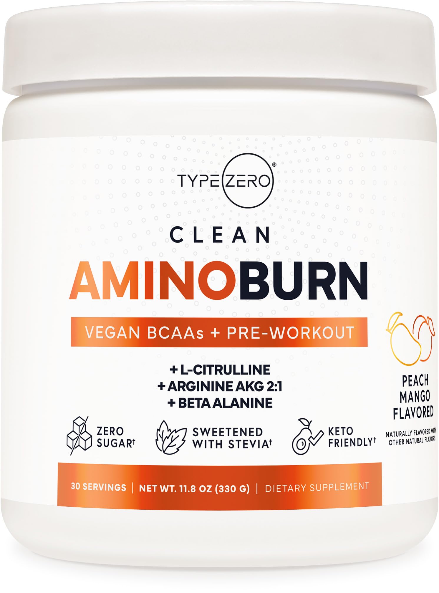 Type Zero AminoBurn Natural Pre Workout + BCAA Peach Mango Sugar Free, 13 Ounce Powder
