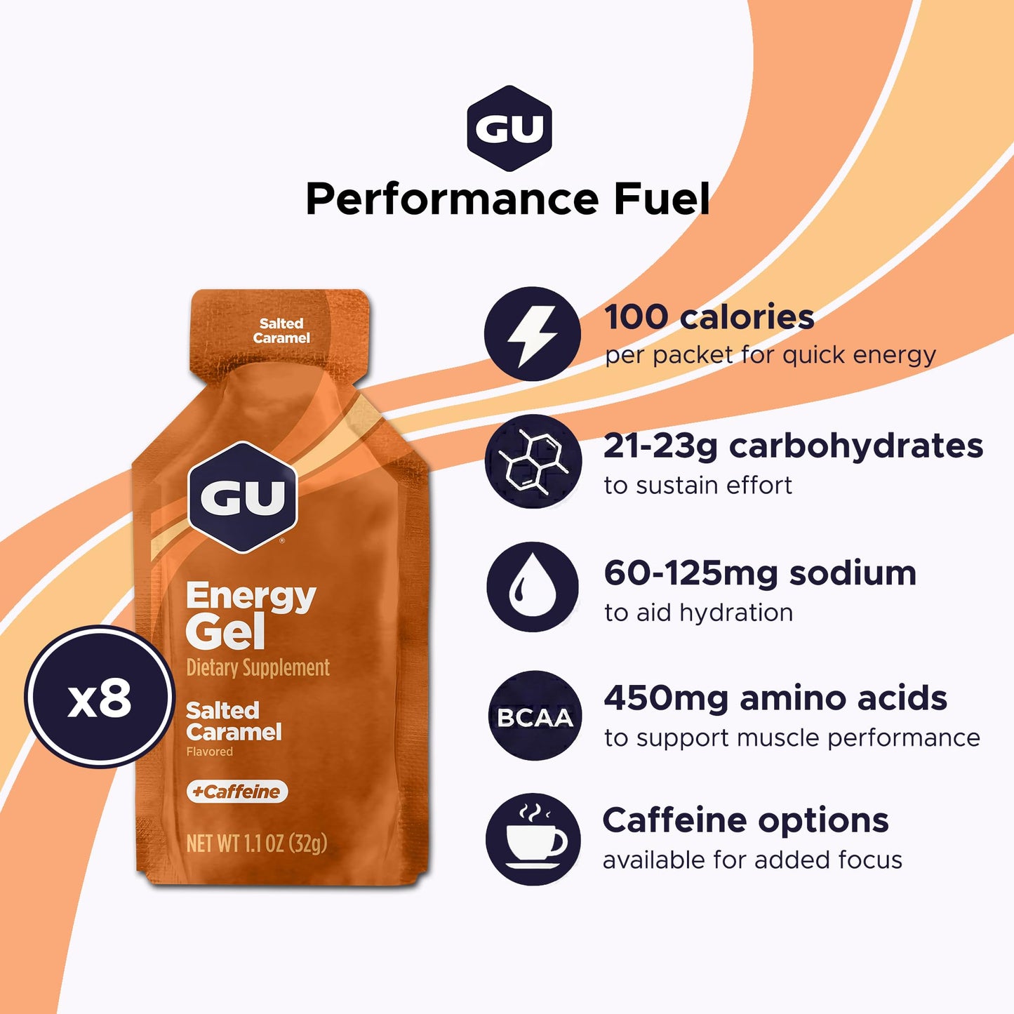GU Energy Original Sports Nutrition Energy Gel, Vegan and Dairy-Free On-the-Go Energy for Any Workout, Salted Caramel, 8-Count
