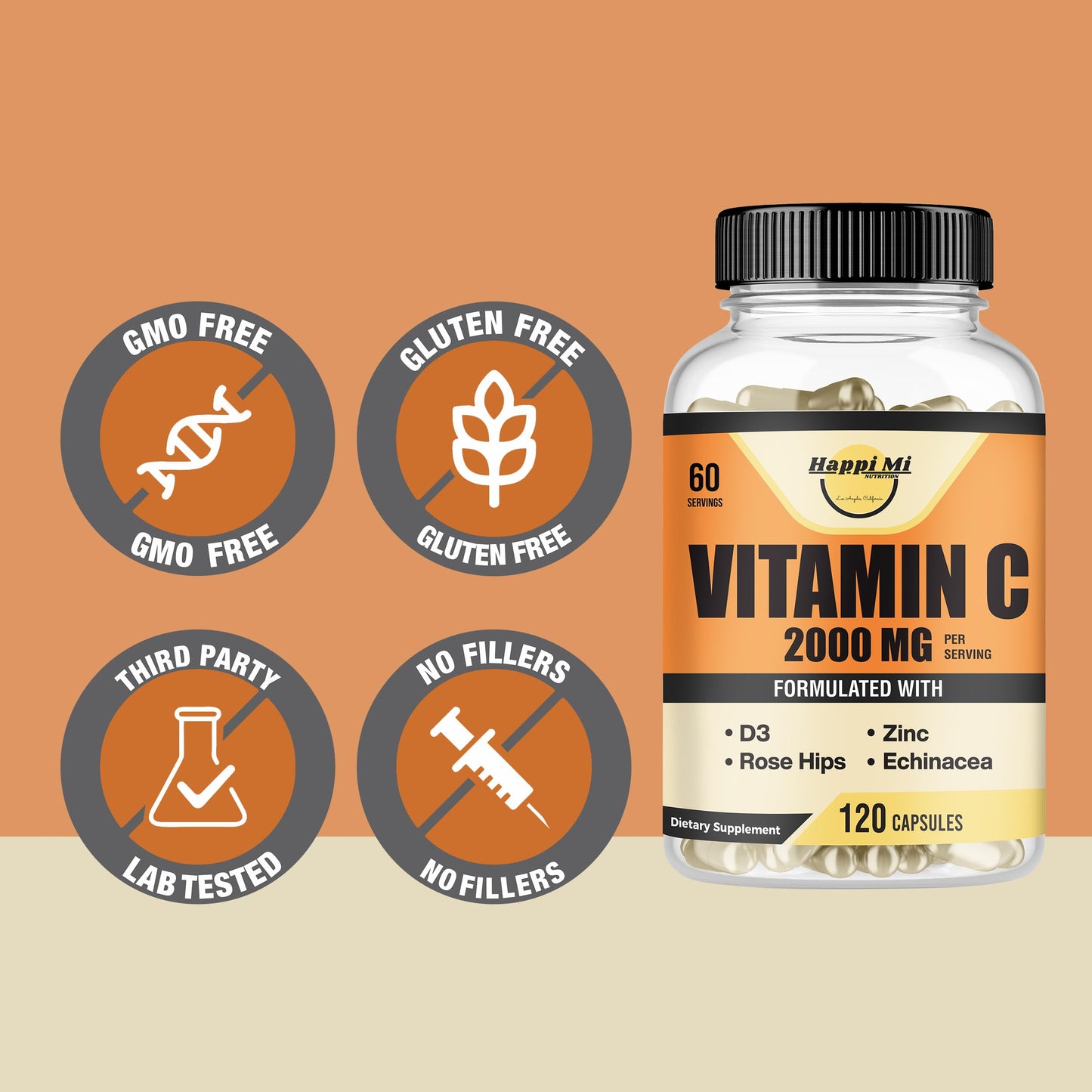 Happi Mi Nutrition Vitamin C 2000mg with Zinc 40mg & Vitamin D3 5000 IU – Echinacea Extract & Rose Hip, 120 Vegan Capsules