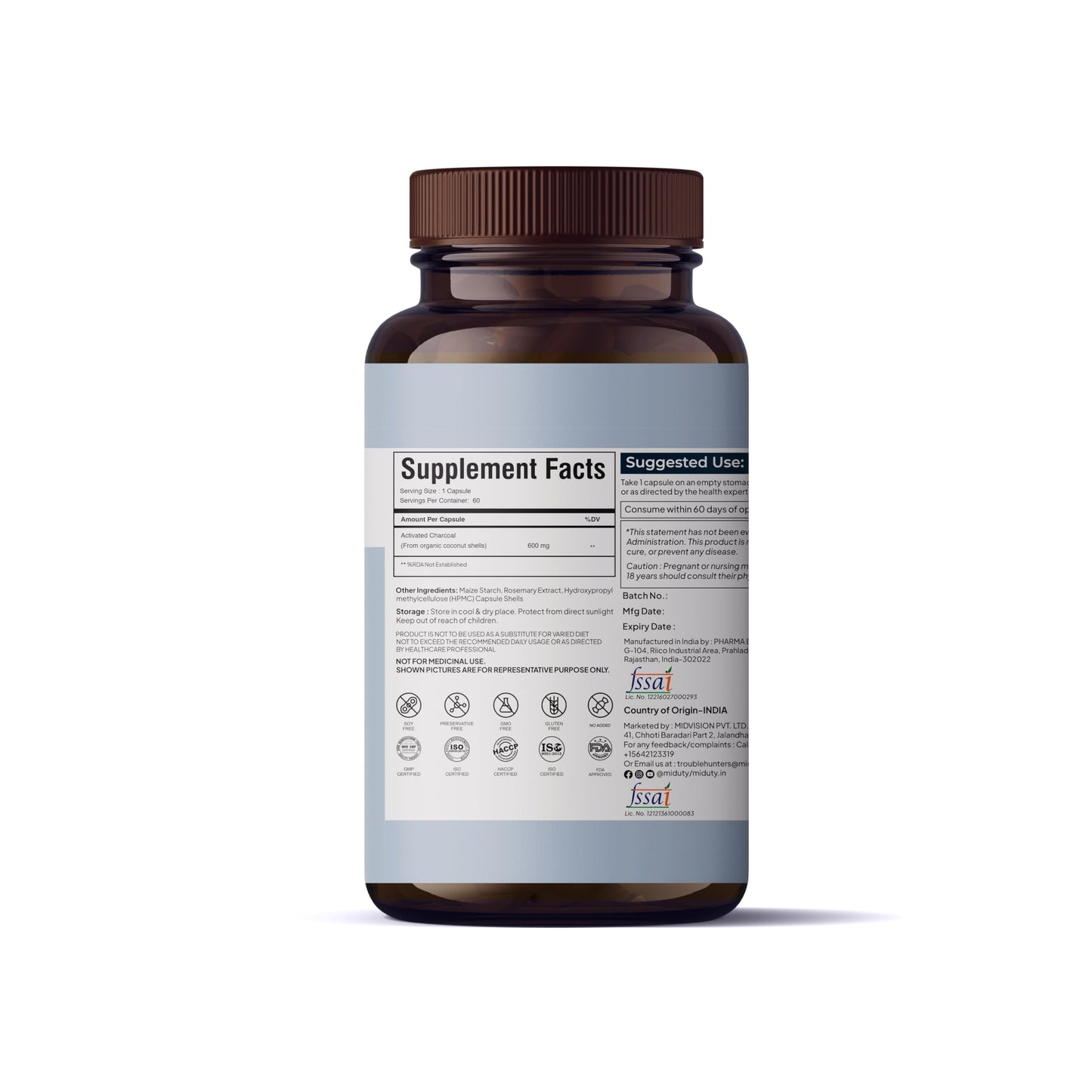 Miduty Activated Coconut Charcoal 60 Capsules
