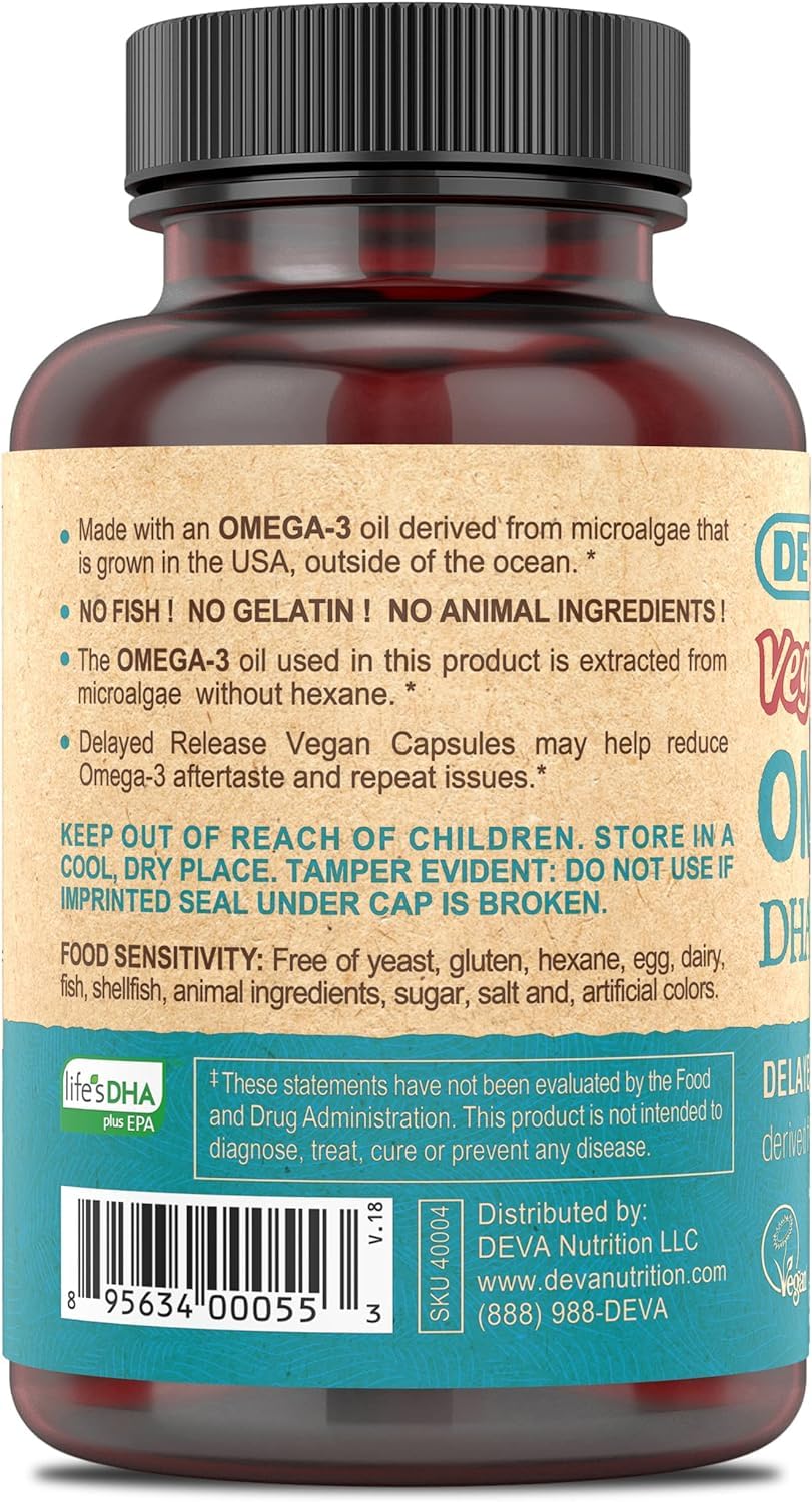 DEVA Vegan Omega-3 DHA-EPA from Micro Algae, Delayed Release, 180 Capsules