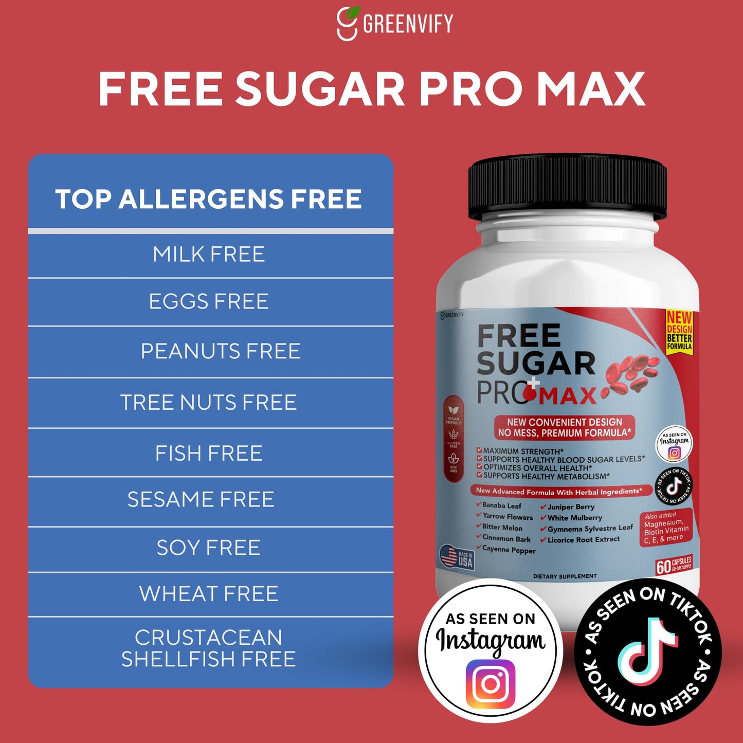 GREENVIFY Free Sugar Pro Max All Natural Formula to Maintain Healthy Levels, Maximum Strength Daily Formula, Blood Sugar Health Reviews, 60 Capsules
