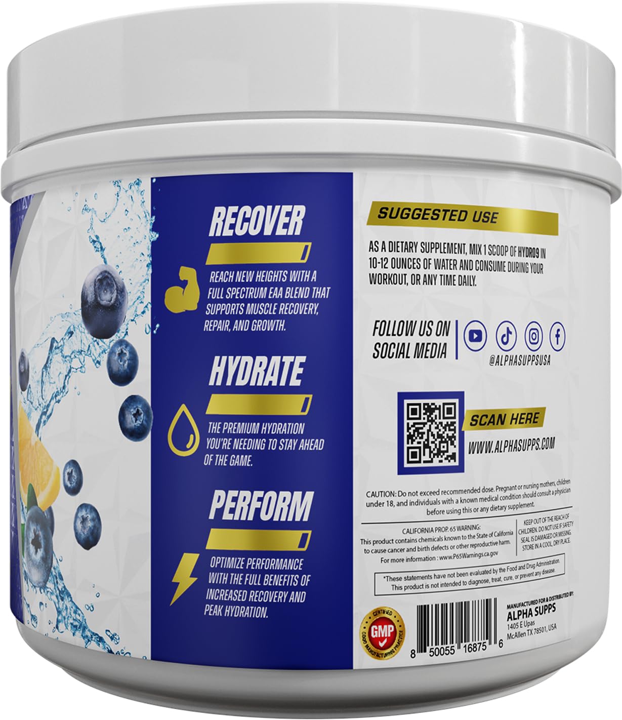 Alpha Supps Hydro 9 Aminos EAA + Hydration Formula with BCAAs & Electrolytes Powder, 19 Servings