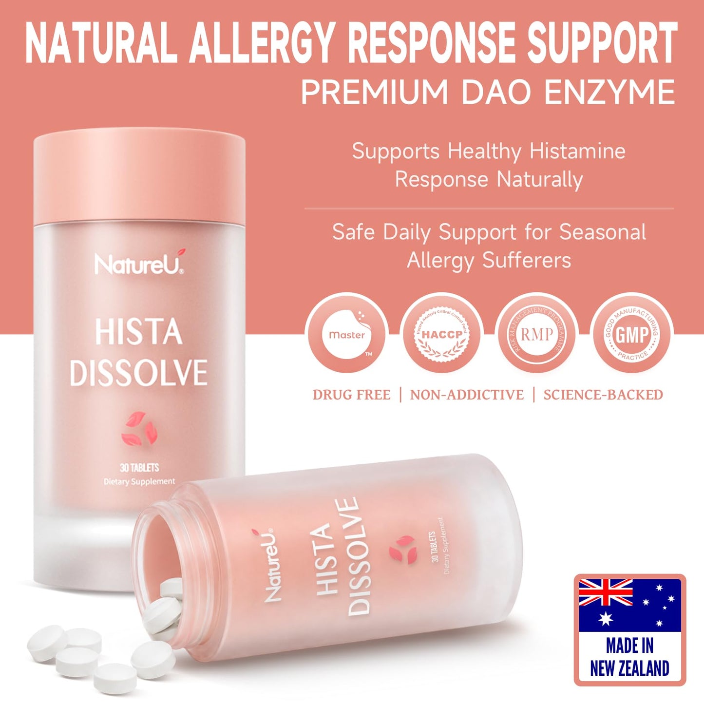 NatureU Daily Allergy & Sinus Relief Supplement DAO Enzyme & Antihistamine Non-Drowsy 30 Tablets