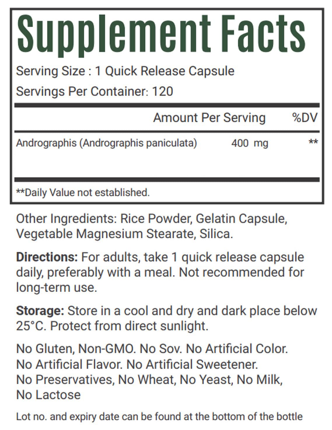 VitaCosmoX Andrographis Paniculata 400 mg Capsules, 120 Count