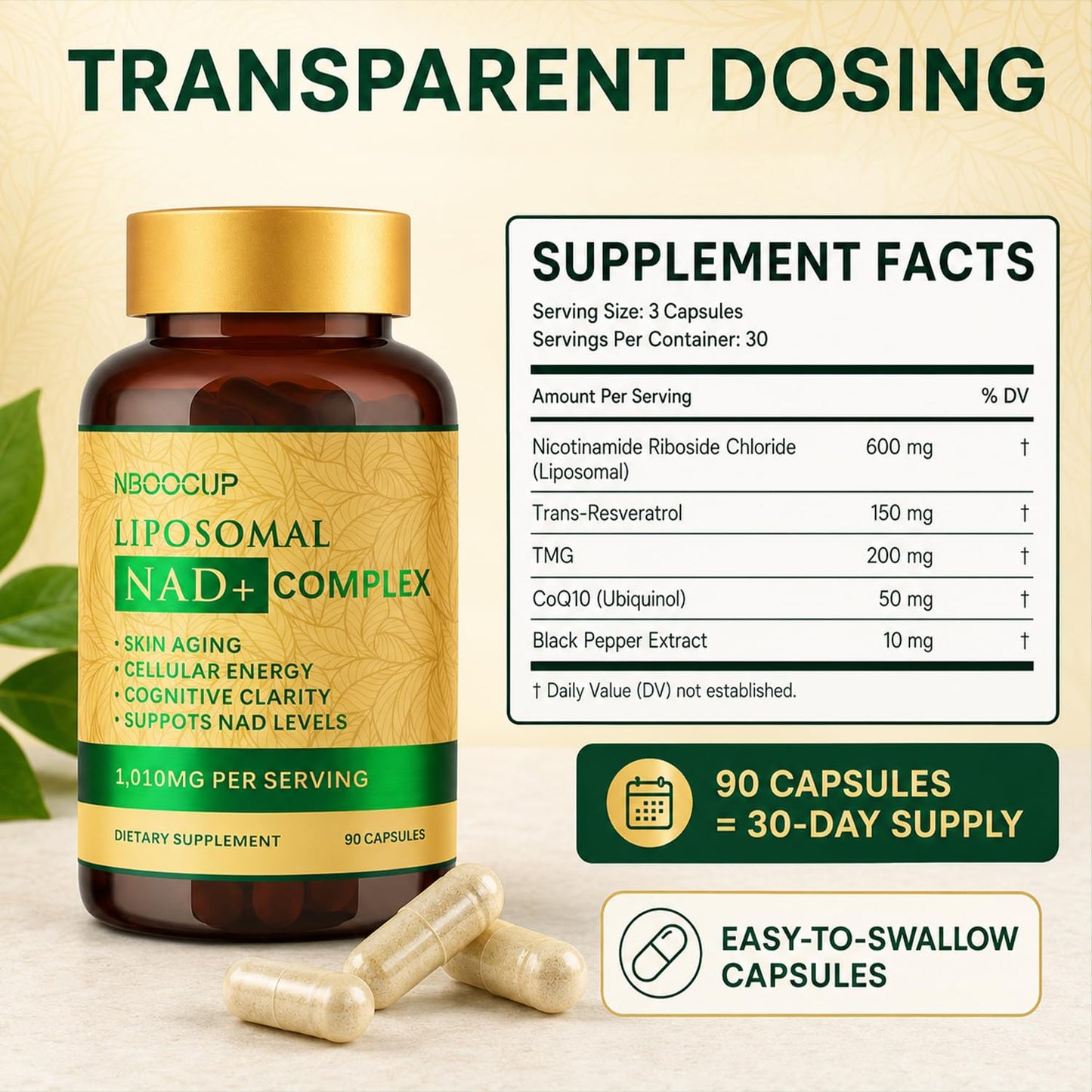 NBOOCUP Liposomal NAD+ Supplement 600mg NR for Healthy Aging, 90 Capsules