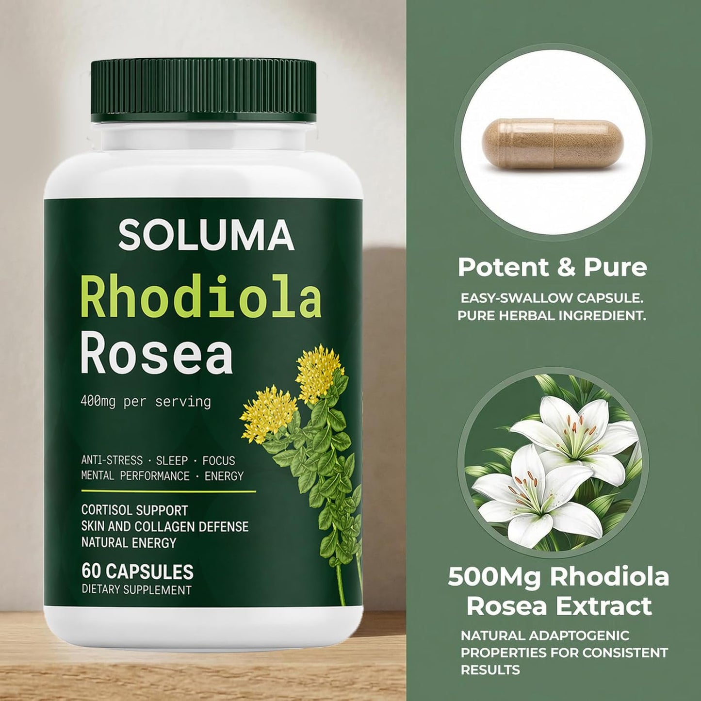 Luetomi Rhodiola Rosea Softgels, 400mg with Bioperine, Non-GMO, 60 Capsules