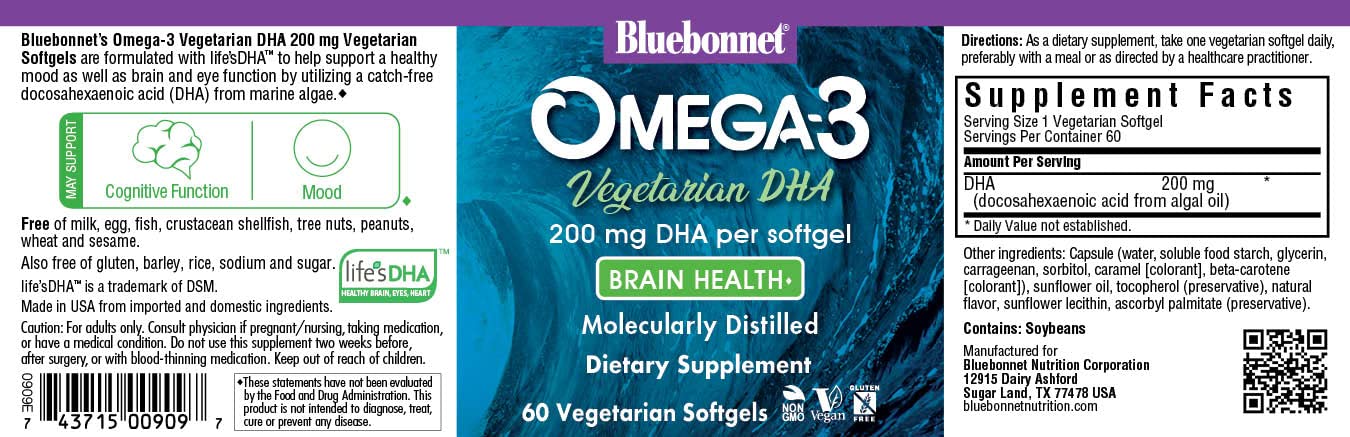 BlueBonnet Natural Omega-3 Vegetarian DHA Softgels, 200 mg, 60 Count