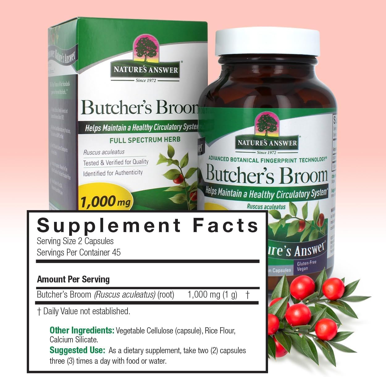 Nature's Answer Butcher's Broom Root Capsules, 90 Count