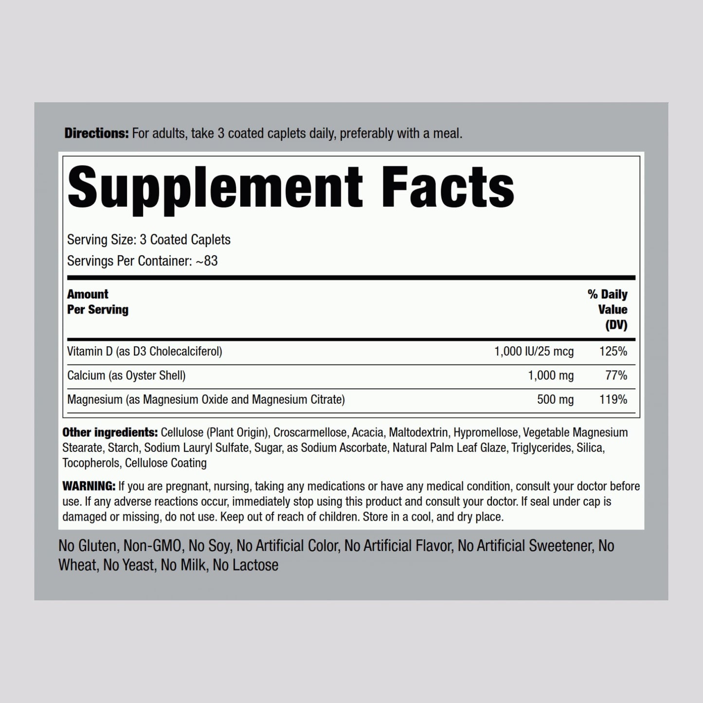 Piping Rock Calcium Magnesium Supplement with Vitamin D3 Caplets 250