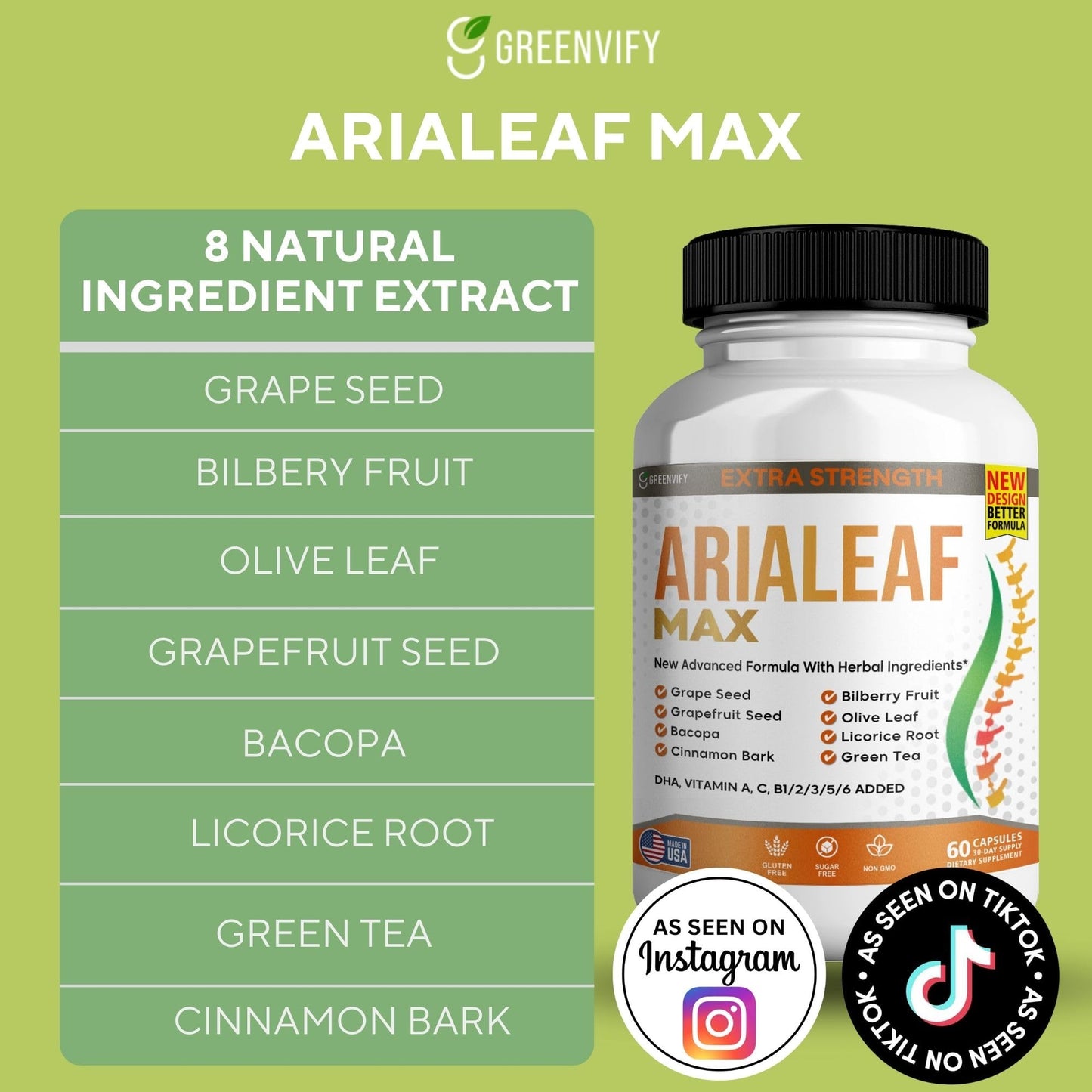 GREENVIFY Aria Leaf Max Extra Strength Nootropic Supplement Capsules 60 Count