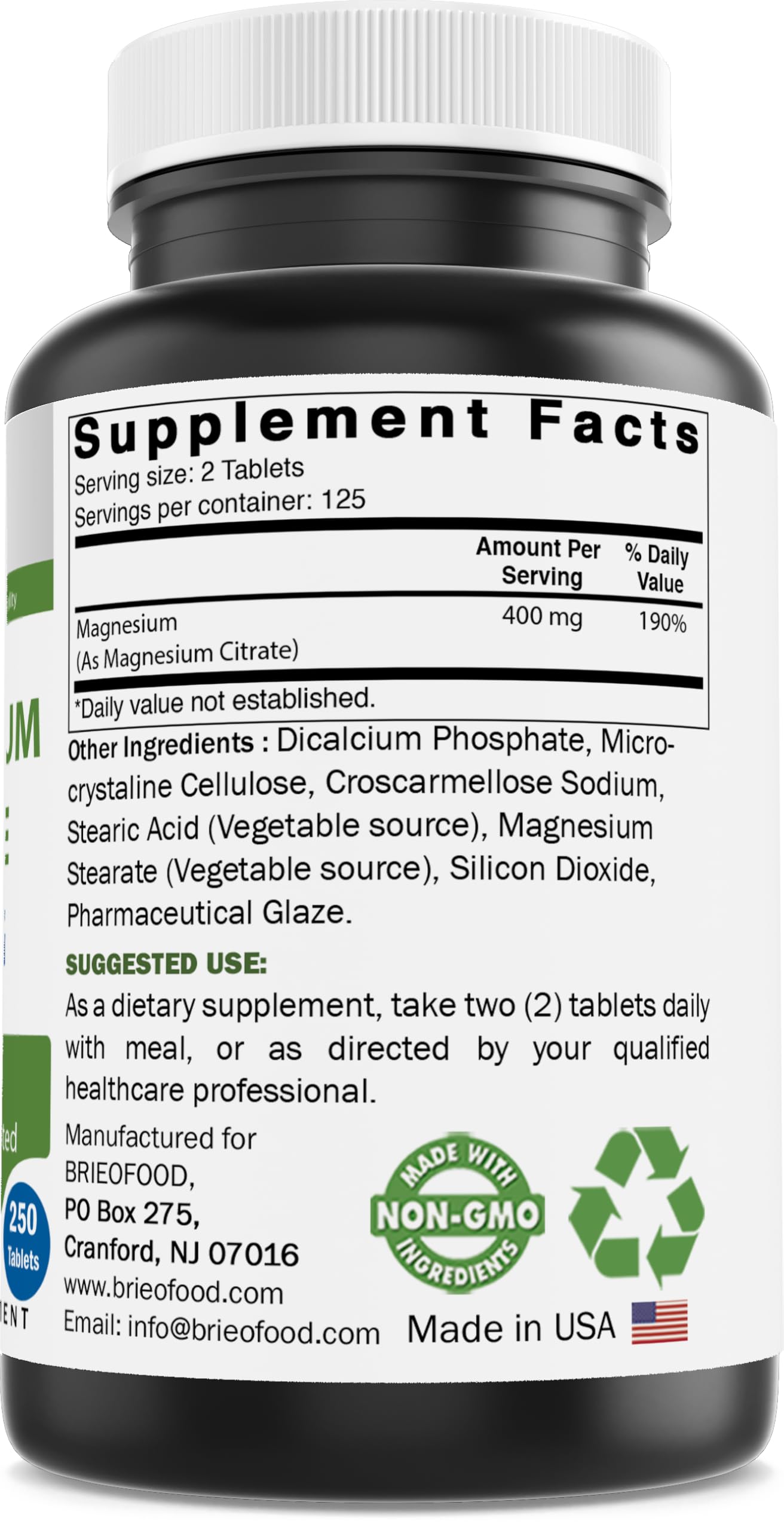 Brieofood Magnesium Citrate 400 mg (Elemental Mg) Tablets 250