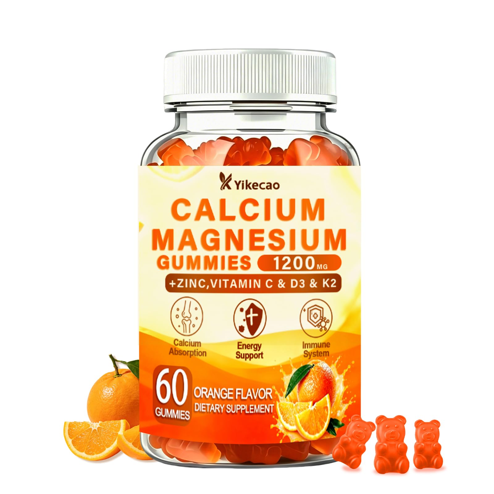 Yikecao Calcium Magnesium Zinc Gummies with Vitamin D3 K2, 60 Gummies