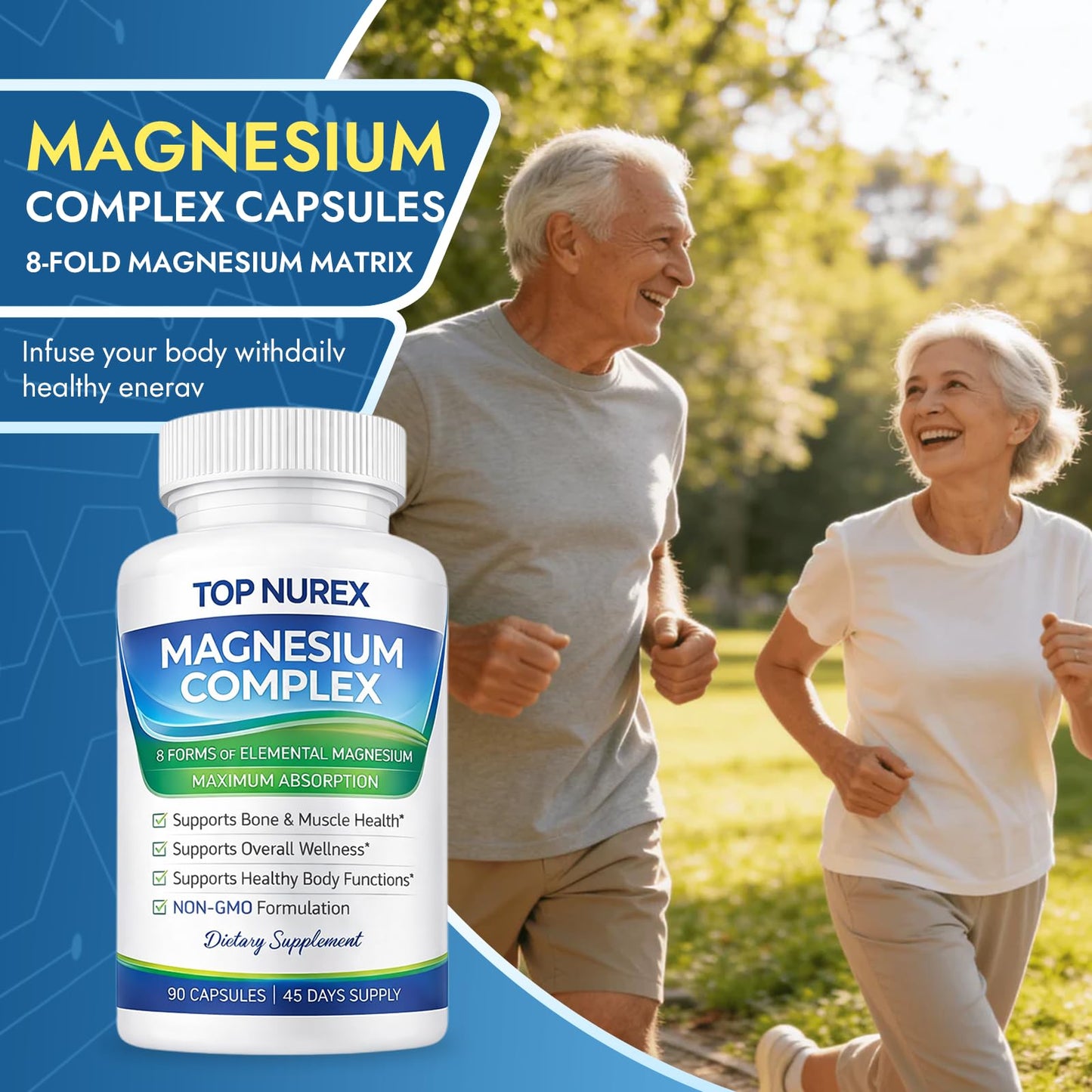 Top Nurex Magnesium Complex 1000 mg, 8-Source Magnesium Blend with Glycinate, Citrate, Malate & Taurate, Vegan Formula, Non-GMO, 90 Capsules