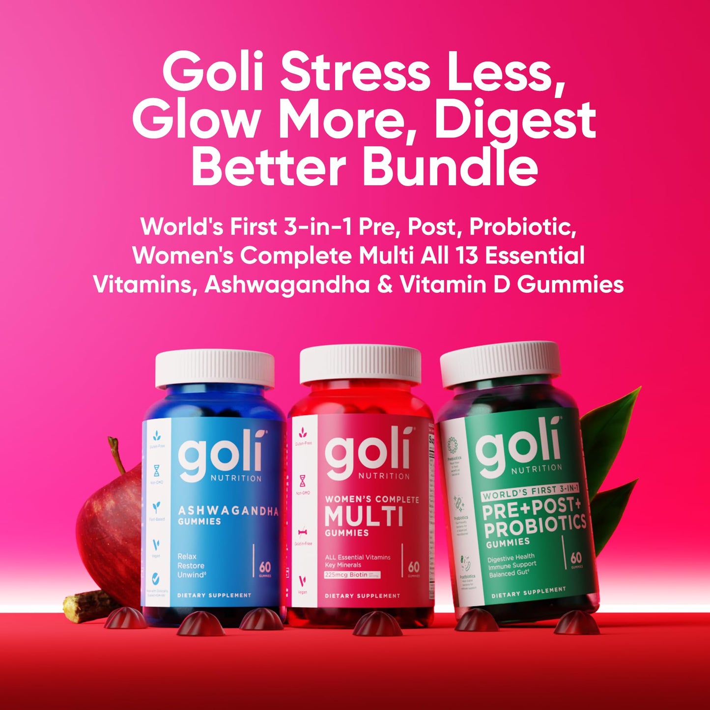 Goli Stress Less, Glow More, Digest Better Bundle Gummies 60 Count