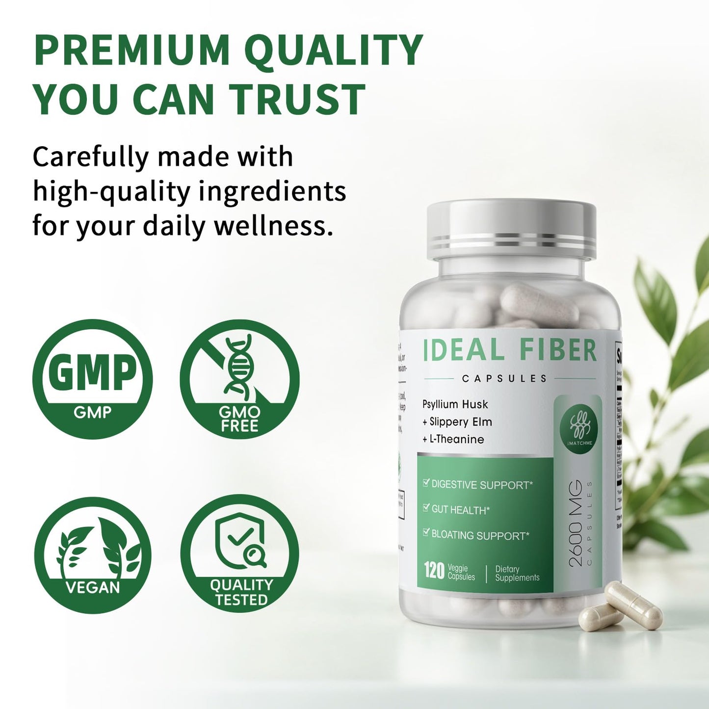 iMATCHME Psyllium Husk Powder 1500mg & Slippery Elm Fiber Supplement Capsules, 120 Count