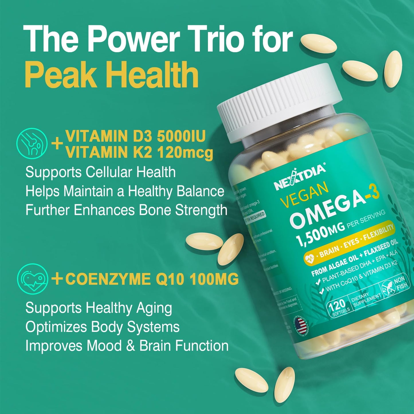 Nextdia Vegan Omega-3 EPA DHA ALA Supplements + CoQ10, Vitamin D3 K2 120 Softgels