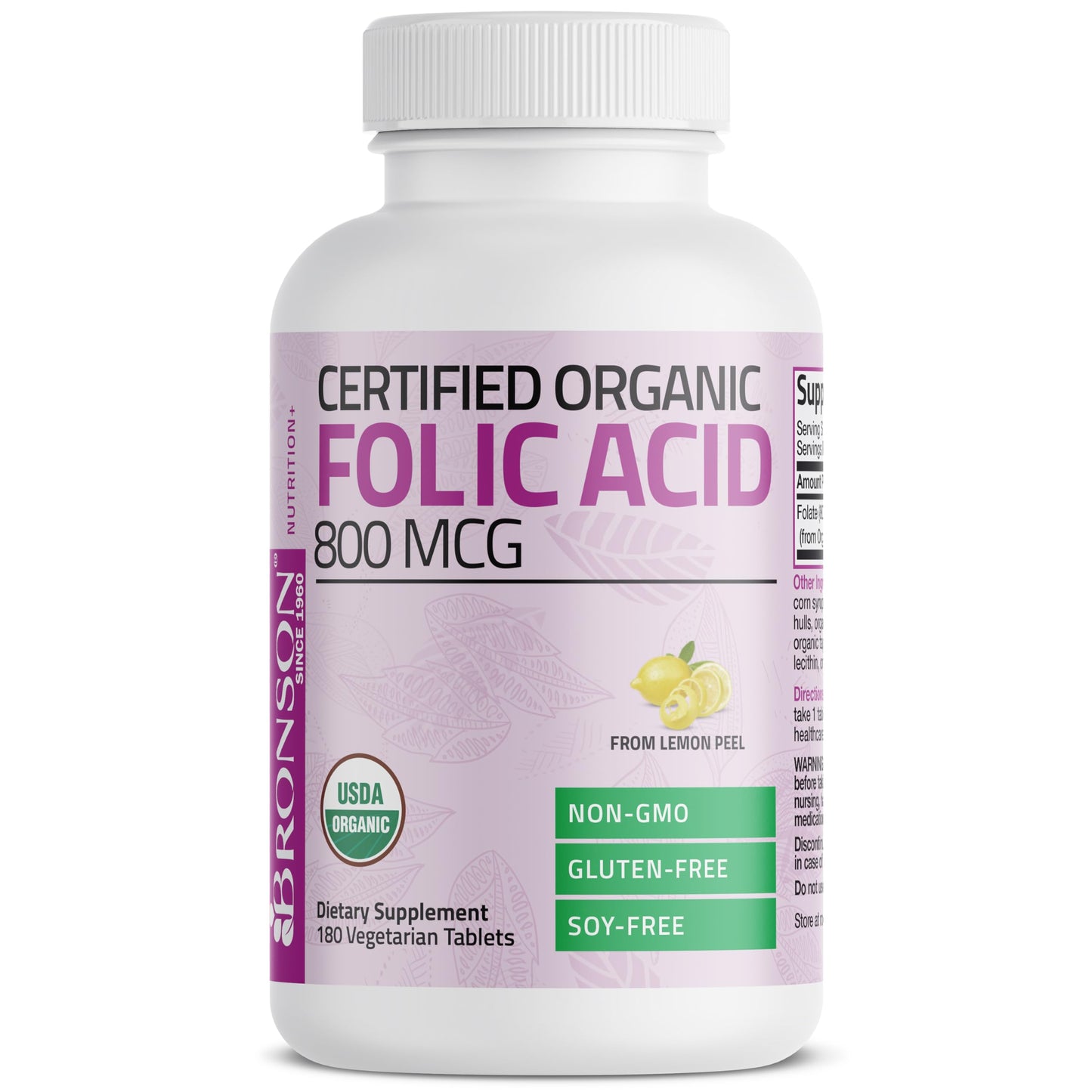 Bronson Organic Folic Acid (Vitamin B9 Folate) 800 mcg Folate from Lemon Peel Tablets, 180 Tablets