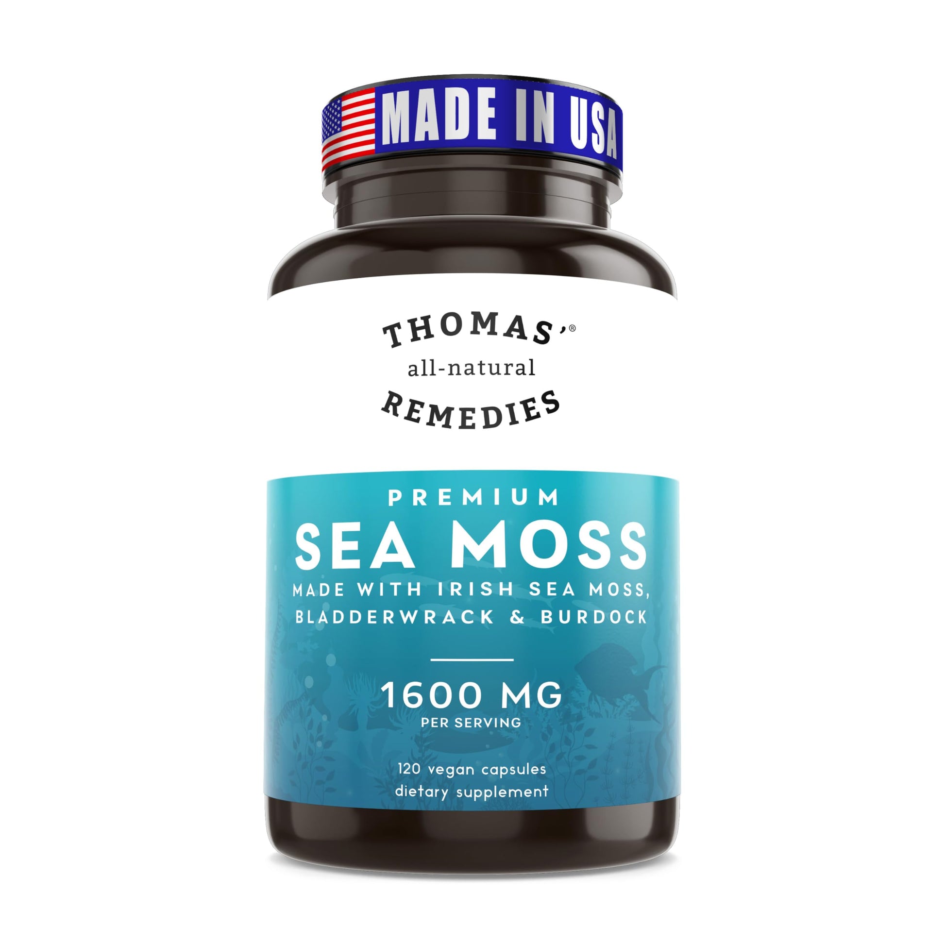Thomas' all-natural Remedies Irish Sea Moss Capsules with Bladderwrack & Burdock Root Organic for Gut Health, Digestion, Energy & Immune Support, 120 Capsules