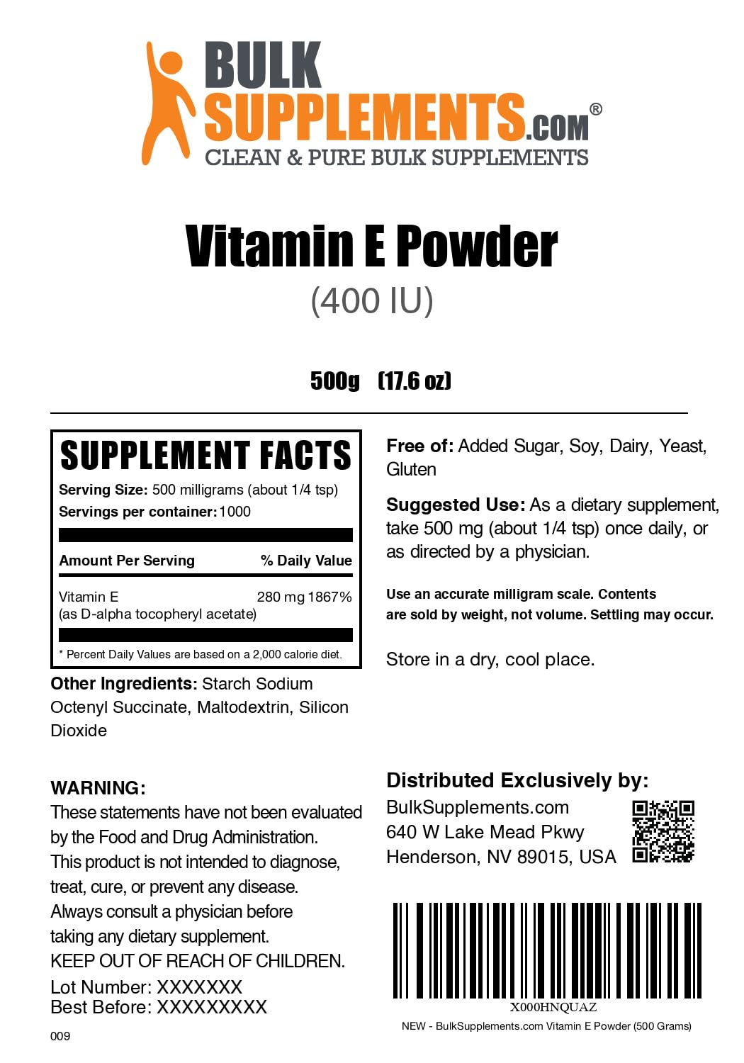 BulkSupplements Vitamin E 400 IU Powder - D-Alpha Tocopherol, Vitamin E Supplements, 500 g