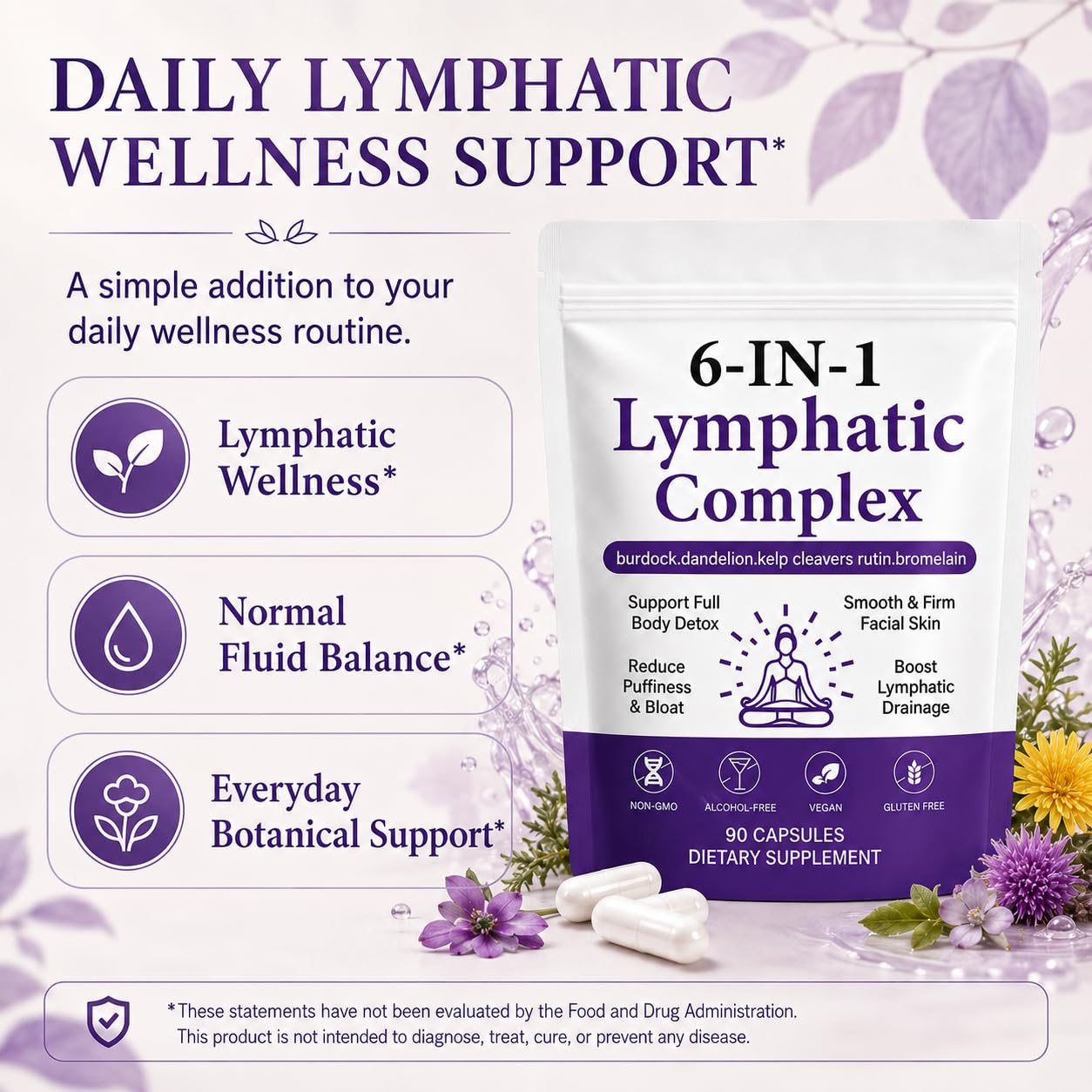Lence 6-in-1 Lymphatic Complex Capsules, Botanical Blend, 90 Count
