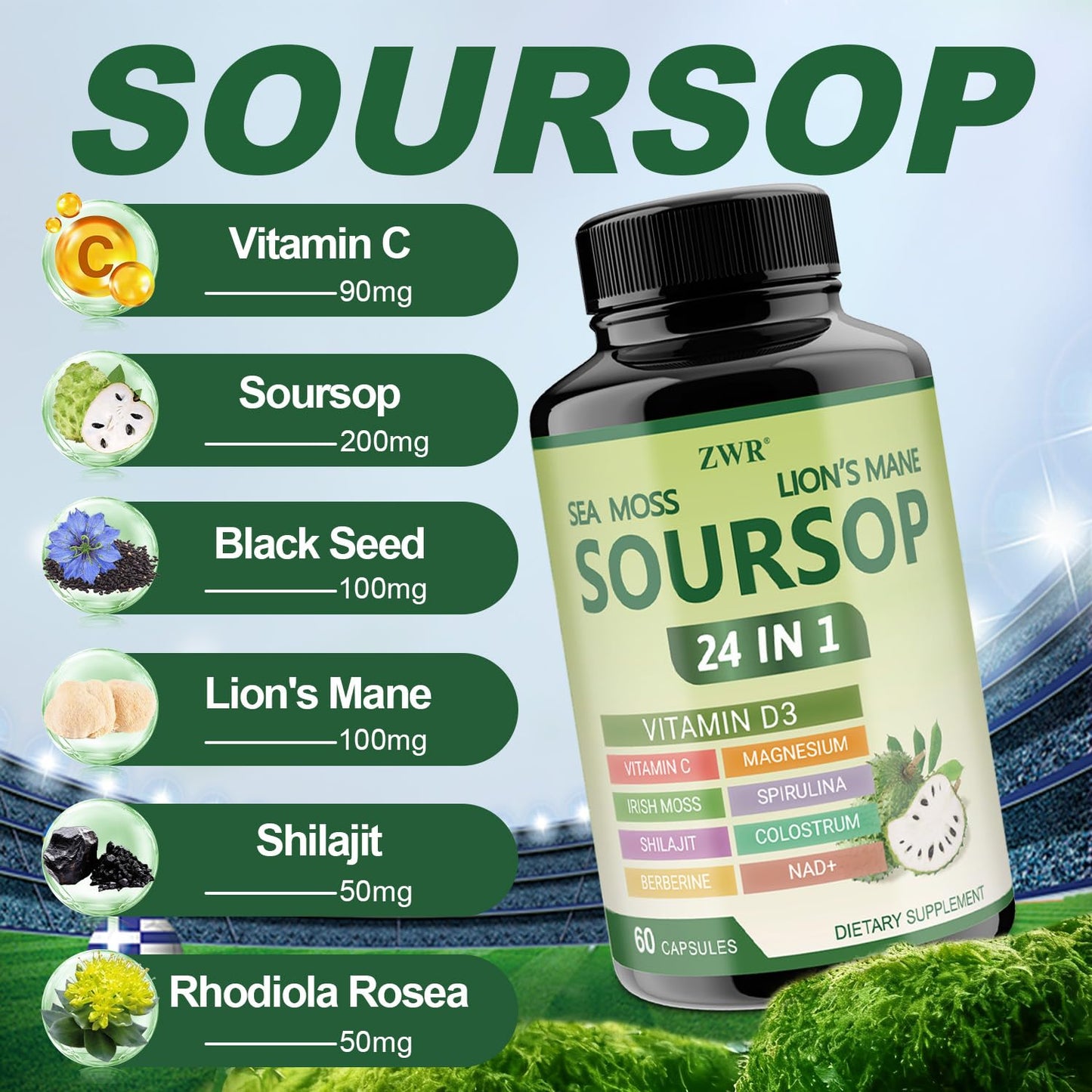 ZWR Soursop Capsules 24 in 1 with Sea Moss, Lion's Mane, Shilajit & Berberine, Soursop Graviola Supplement with Vitamin C, D3 & Magnesium, Immune & Digestive Wellness Support, 60 Capsules