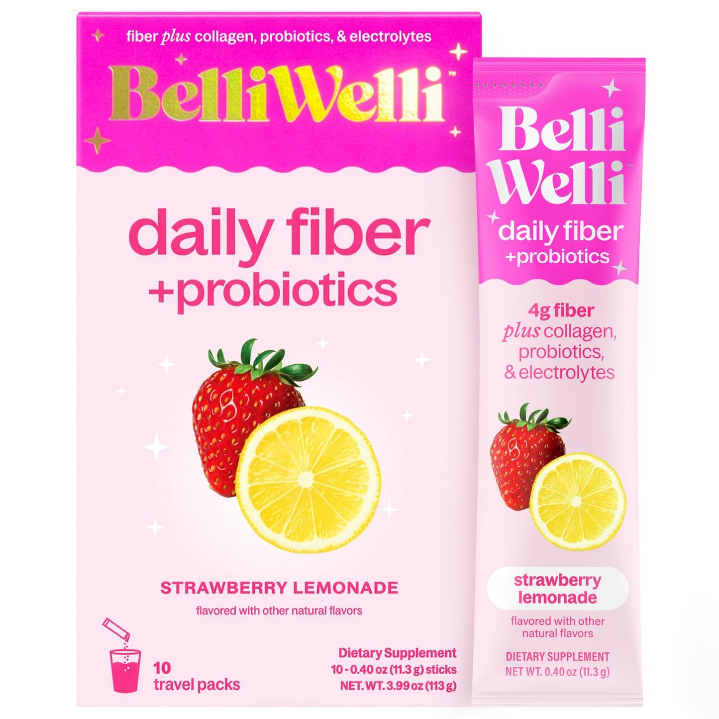 Belli Welli Daily Fiber Supplement Packets with Collagen, Probiotics & Electrolytes Powder, 10 Packets