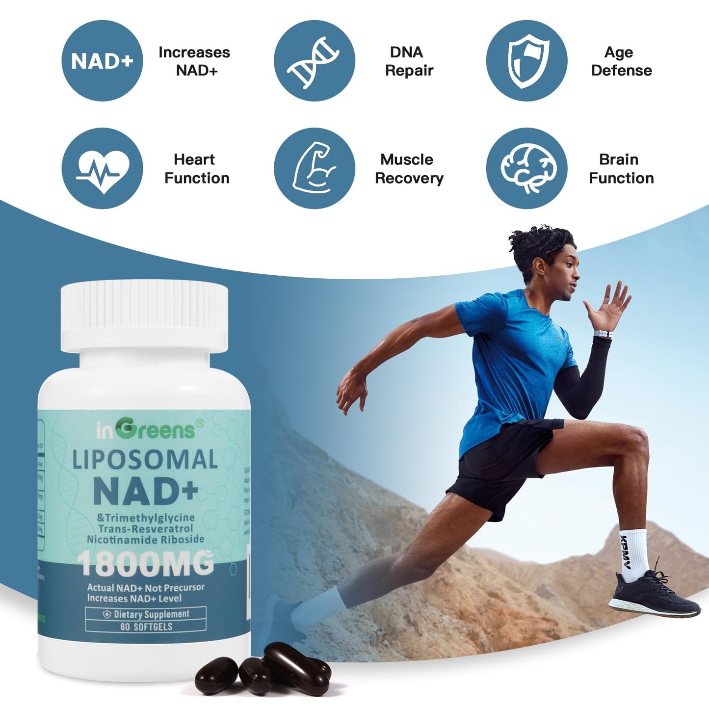 inGreens Liposomal NAD+ Supplement 1800 mg with Nicotinamide Riboside, Trans-Resveratrol, Trimethylglycine, Replaces NMN, Boost NAD+, Aging Defense, Cellular Energy, 180 Softgels