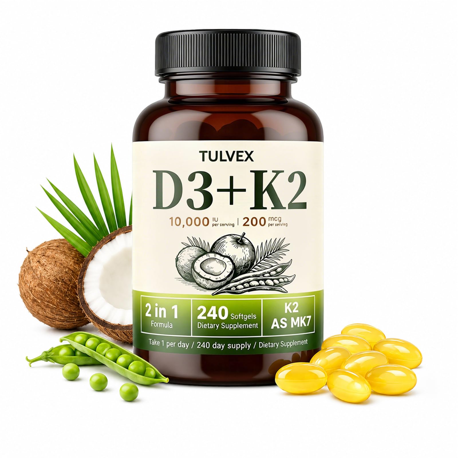Tulvex Vitamin D3 K2 Capsule 10,000 IU + 200 mcg MK-7, 240 Capsules