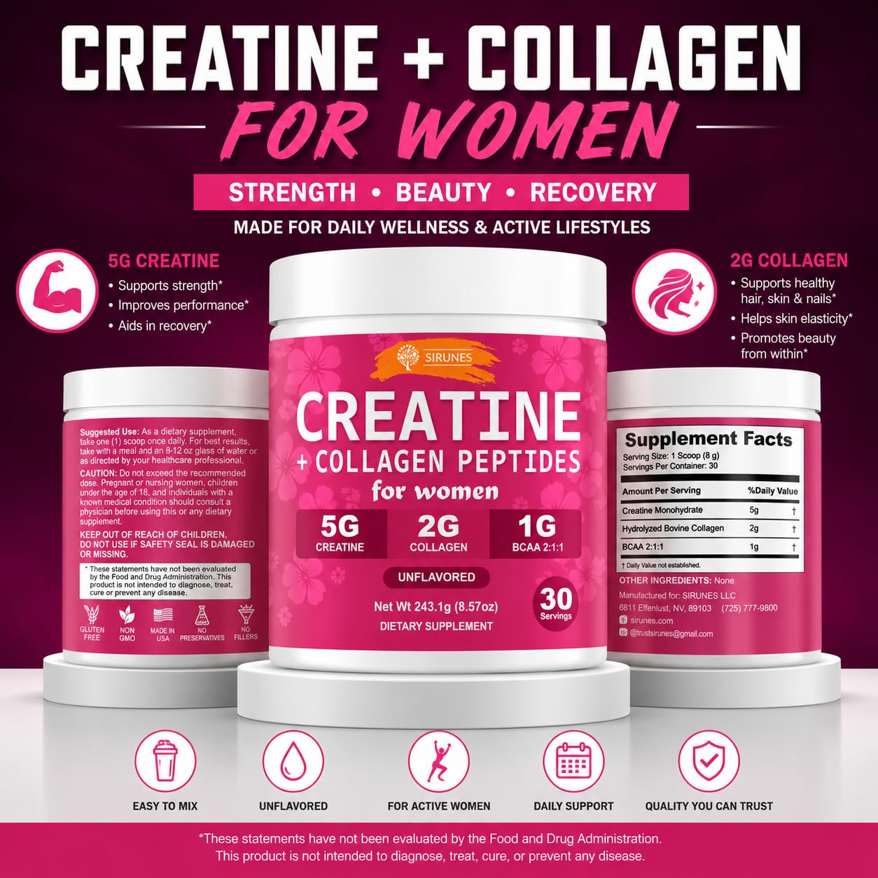 SIRUNES Creatine and Collagen for Women – 5g Creatine Monohydrate, 2g Collagen Peptides, 1g BCAA 2:1:1 – Beauty and Strength Powder, Unflavored, 100